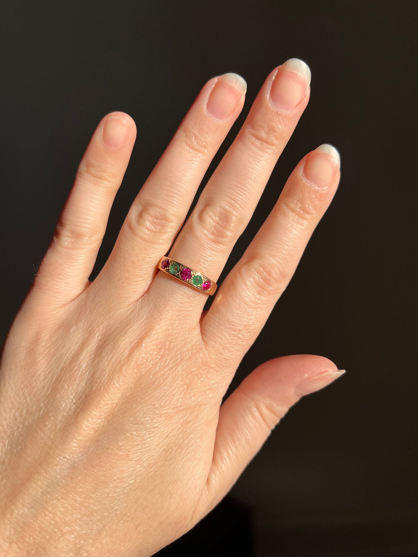 RUBY and EMERALD Half Hoop 18k Band French Antique Stacker Ring Alternating Color Minimalist Romantic Gift Skinny Pink Red Green