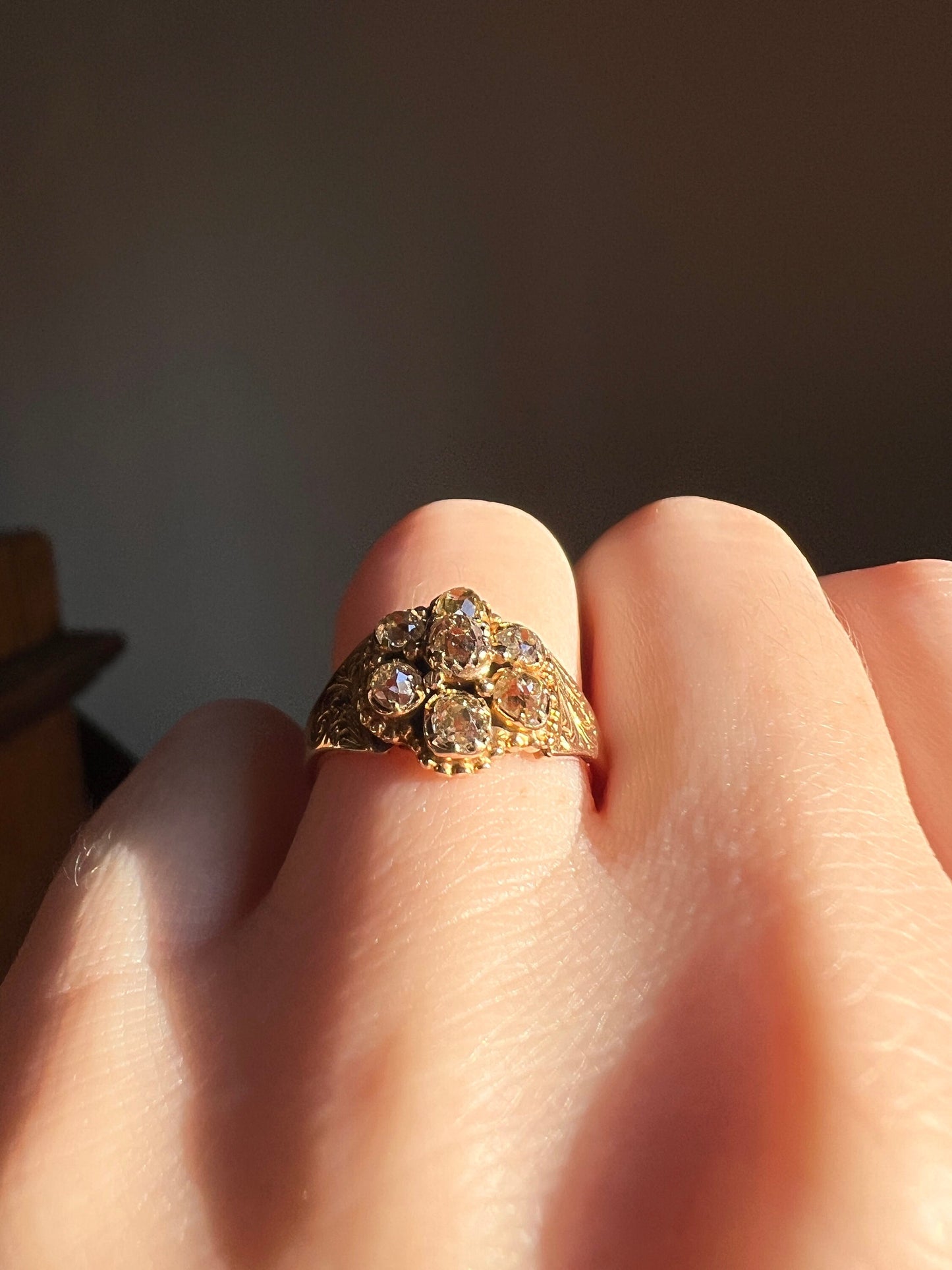 Chunky Antique .75 Carat CHAMPAGNE & YELLOW Old Mine Cut DIAMOND 14k Gold Daisy Cluster Ring Victorian Rivet Halo Gift Rare Light Brown OmC