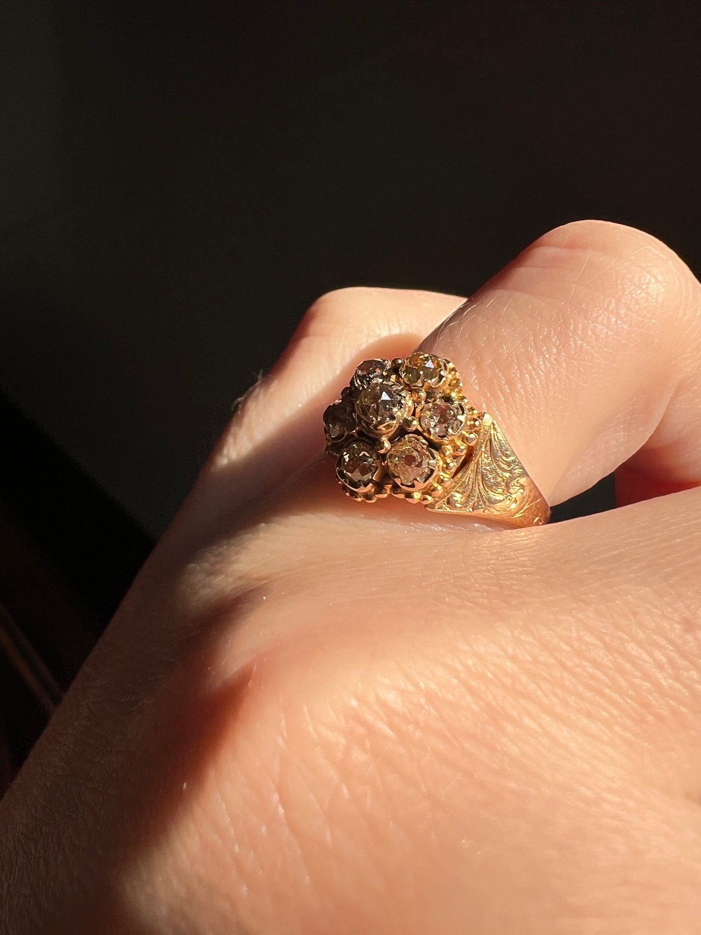 Chunky Antique .75 Carat CHAMPAGNE & YELLOW Old Mine Cut DIAMOND 14k Gold Daisy Cluster Ring Victorian Rivet Halo Gift Rare Light Brown OmC