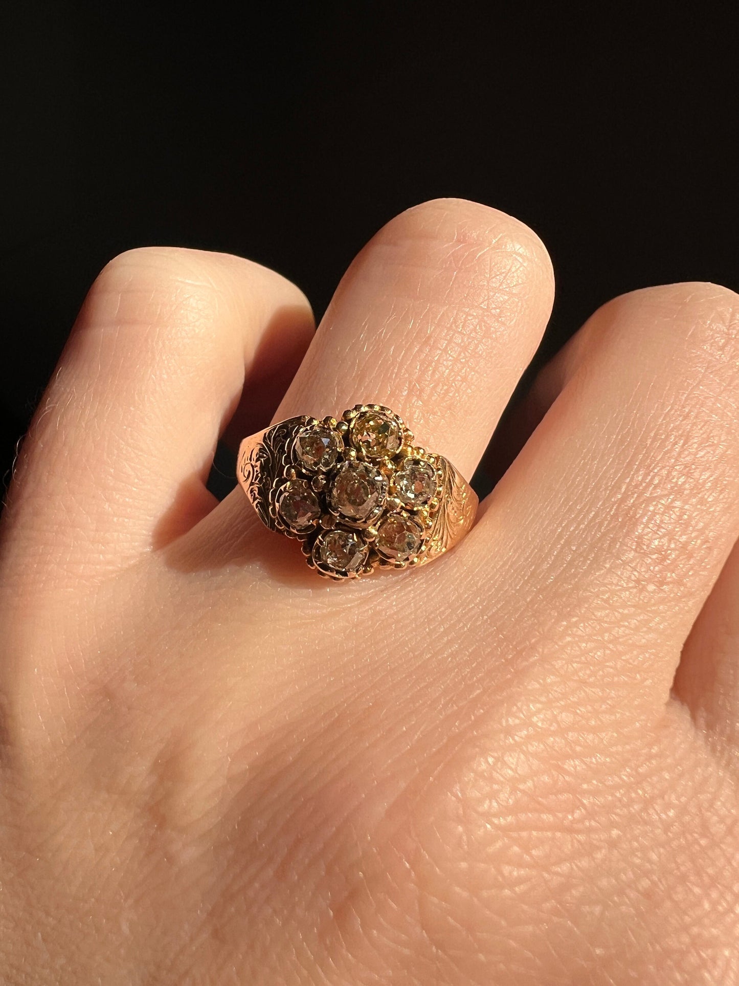 Chunky Antique .75 Carat CHAMPAGNE & YELLOW Old Mine Cut DIAMOND 14k Gold Daisy Cluster Ring Victorian Rivet Halo Gift Rare Light Brown OmC