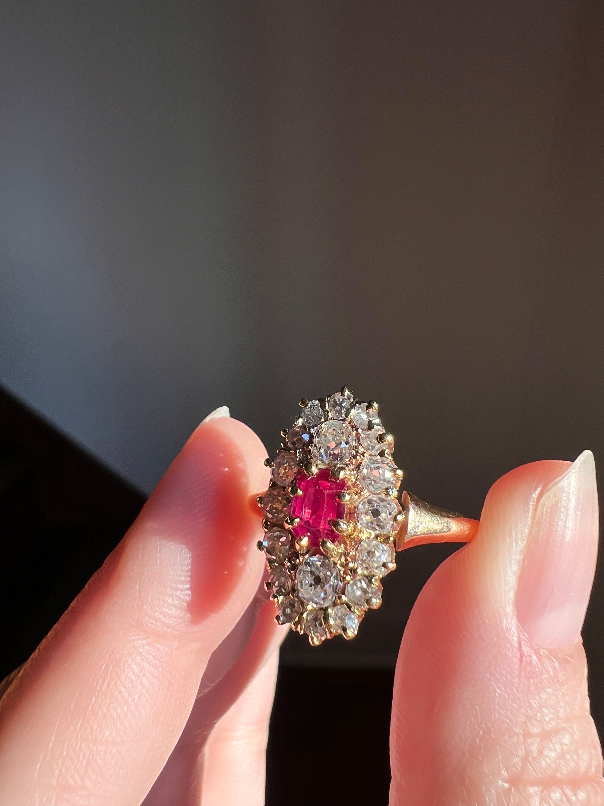 ANTIQUE 1 Carat + OVAL Old Mine Cut DIAMOND & Pink Ruby Sapphire Cluster Ring 18k Gold Romantic Gift Belle Epoque OmC 1 Ct Tdw OmC Navette