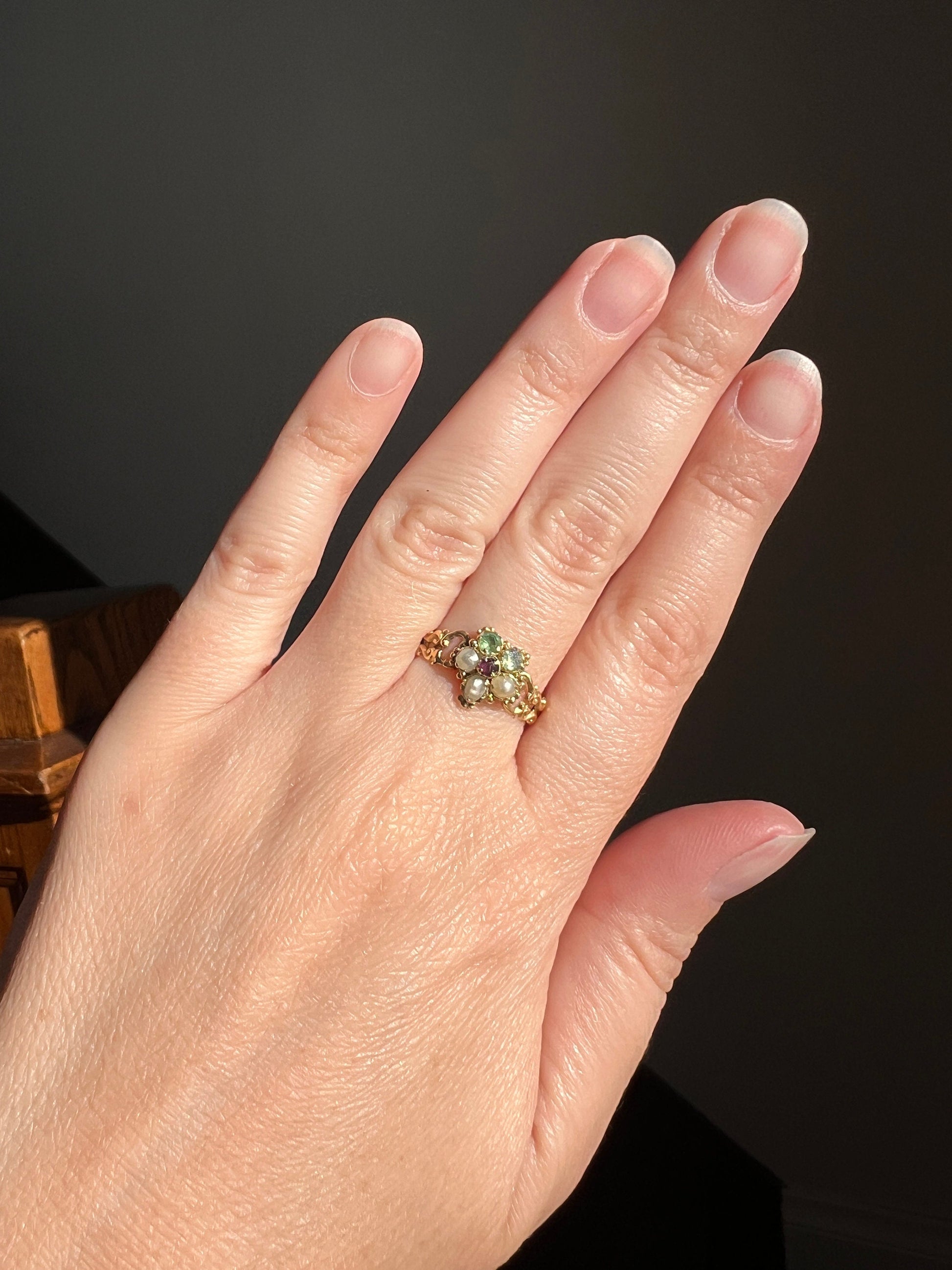 PANSY Green EMERALD Pearl RUBY Victorian to Georgian Antique Figural Floral Ring 15k Gold Flower Love Romantic Gift Stacker Not 14k Ornate