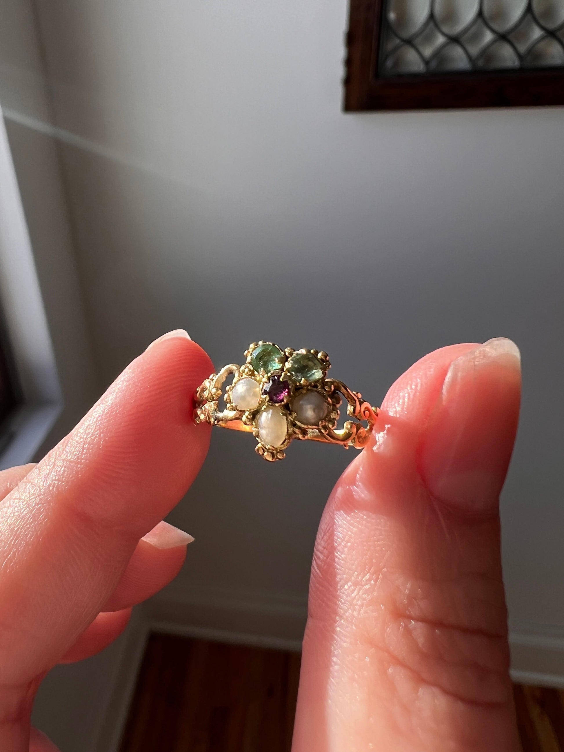 PANSY Green EMERALD Pearl RUBY Victorian to Georgian Antique Figural Floral Ring 15k Gold Flower Love Romantic Gift Stacker Not 14k Ornate