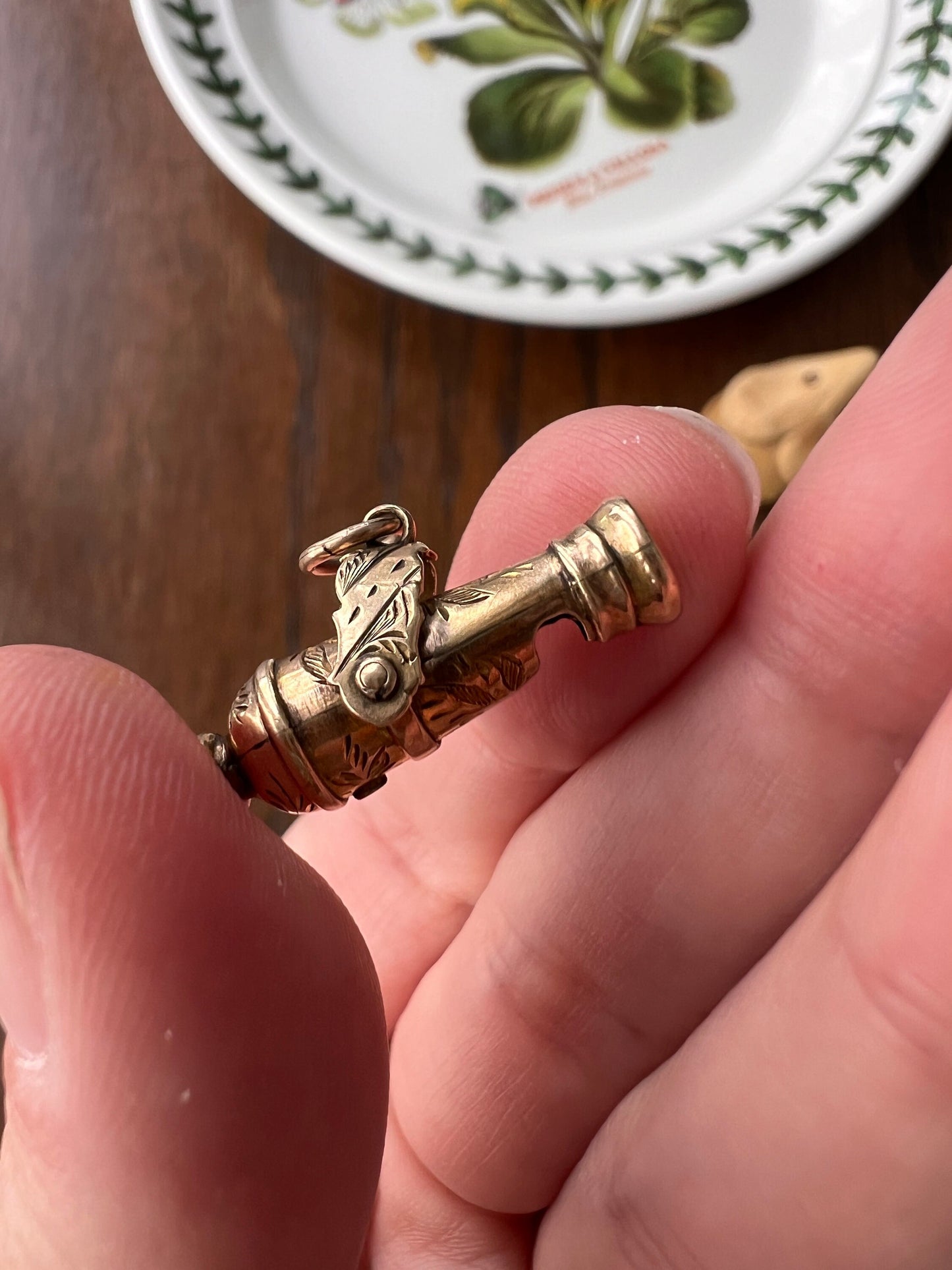 WHISTLE Victorian ANTIQUE Cannon 10k GOLD Figural Pendant Neckmess Neckstack Lifelike Engraved Unique Unisex Gift Charm 3D Reversible Swivel