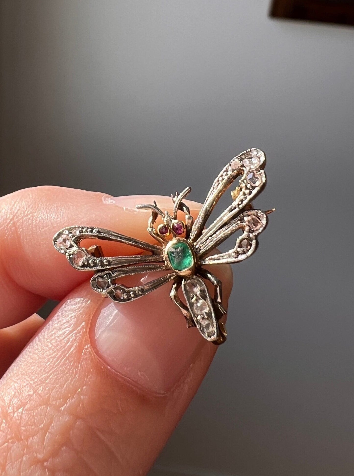 Dragonfly BUG Fly Bee French Antique Victorian Figural Pendant Emerald Rose Cut DIAMOND Ruby 18k Gold Silver Figural Wings Unique Gift Green
