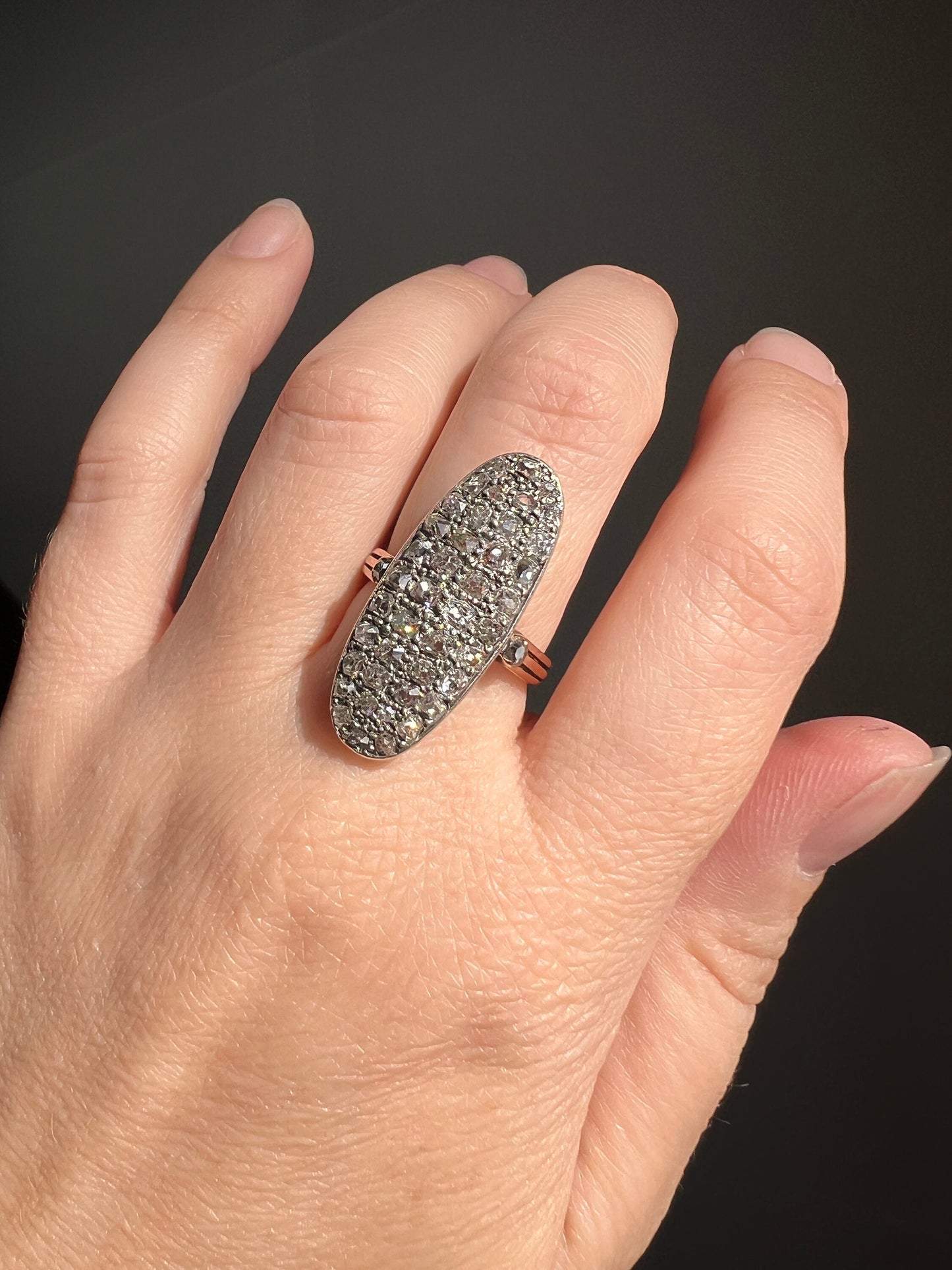 Large Oval French ANTIQUE 1.6 Carat 44 TALL Old Mine Cut DIAMOND Pave Cluster Ring 14k Gold Belle Epoque Romantic Gift OmC Victorian 1.5Ctw