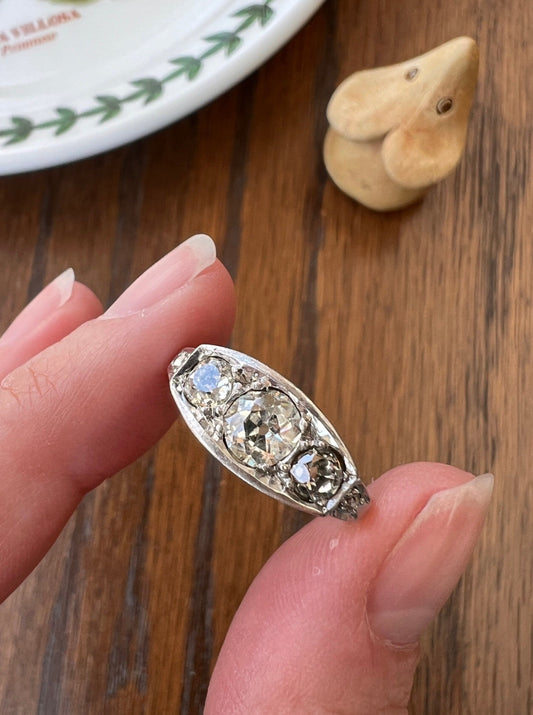 Three Stone 1.1 Carat Old Mine Cut DIAMOND Ring Rose Accents French ANTIQUE Boat 18k Gold PLATINUM Tall Stacker Edwardian Art Deco Gift OmC