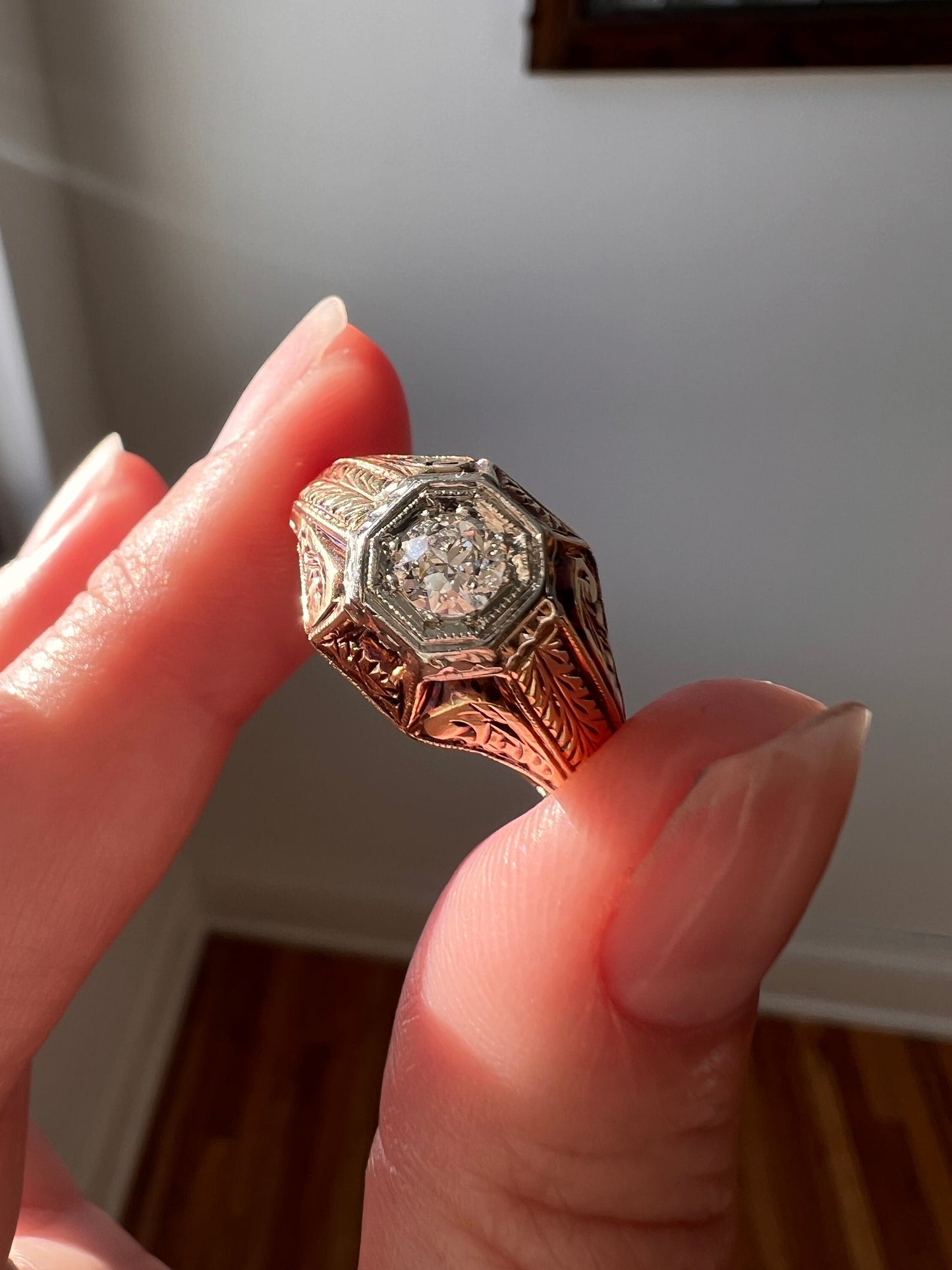 Feather DATED 1923 Engraved GYPSY Ring .37 Carat Old European Cut DIAMOND Ring Tall Geometric Antique 14k 18k Gold Tall Stacker Gift OeC Man