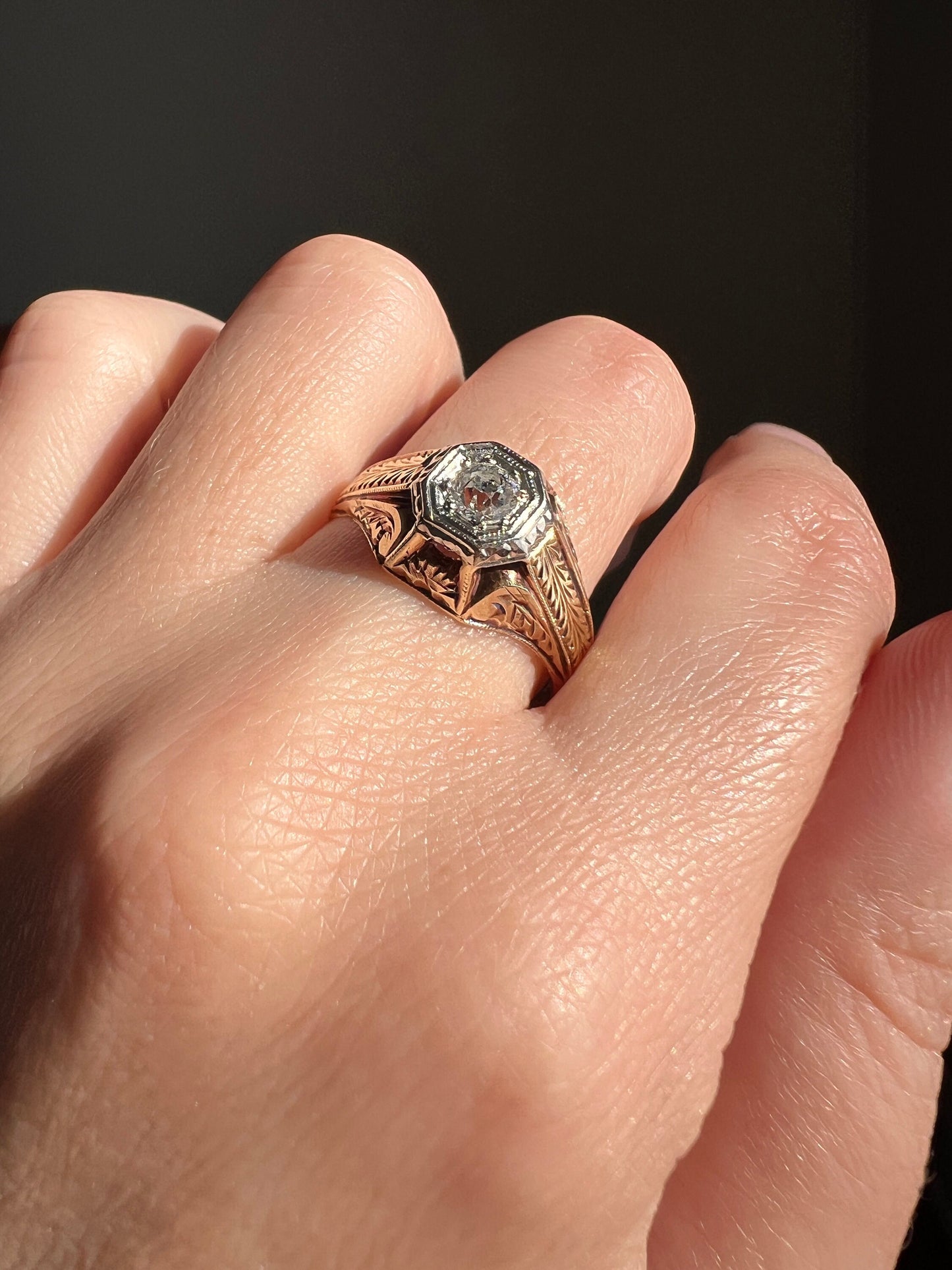 Feather DATED 1923 Engraved GYPSY Ring .37 Carat Old European Cut DIAMOND Ring Tall Geometric Antique 14k 18k Gold Tall Stacker Gift OeC Man