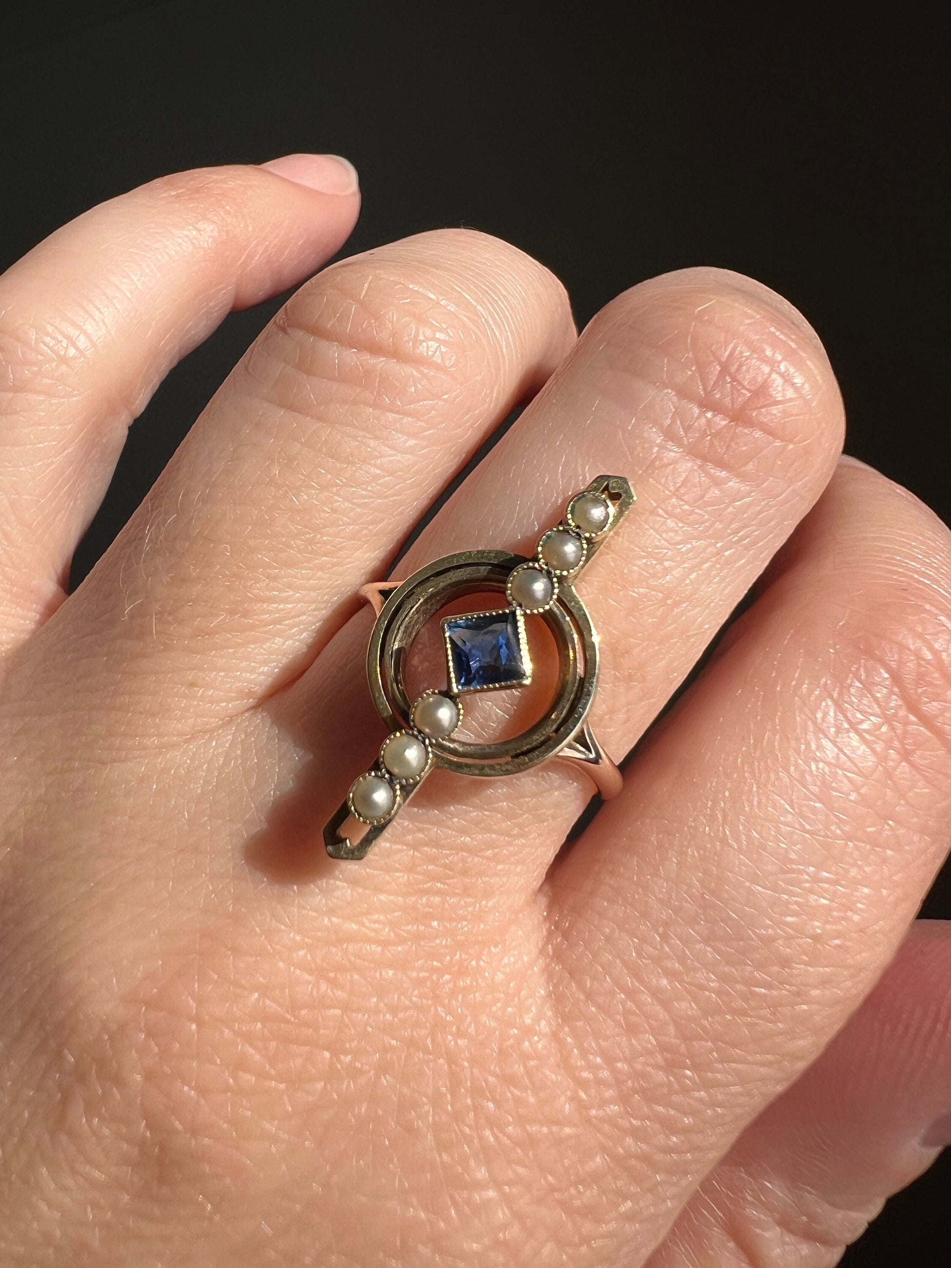 Linear Sapphire Pearl HALO Ring Target Bullseye 14k Gold Ring Antique Edwardian Stacker Geometric Square Line Circle Unique Gift Art Deco