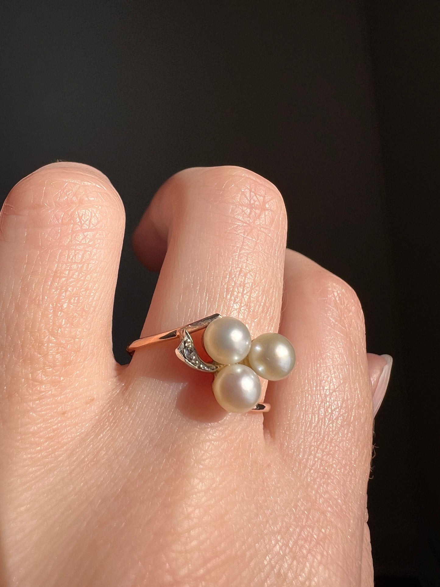 CLOVER French 18k Rose Gold Ring Three PEARL Rose Cut DIAMOND Victorian Figural Antique Good Luck Belle Epoque Lucky Gift Bypass Stacker