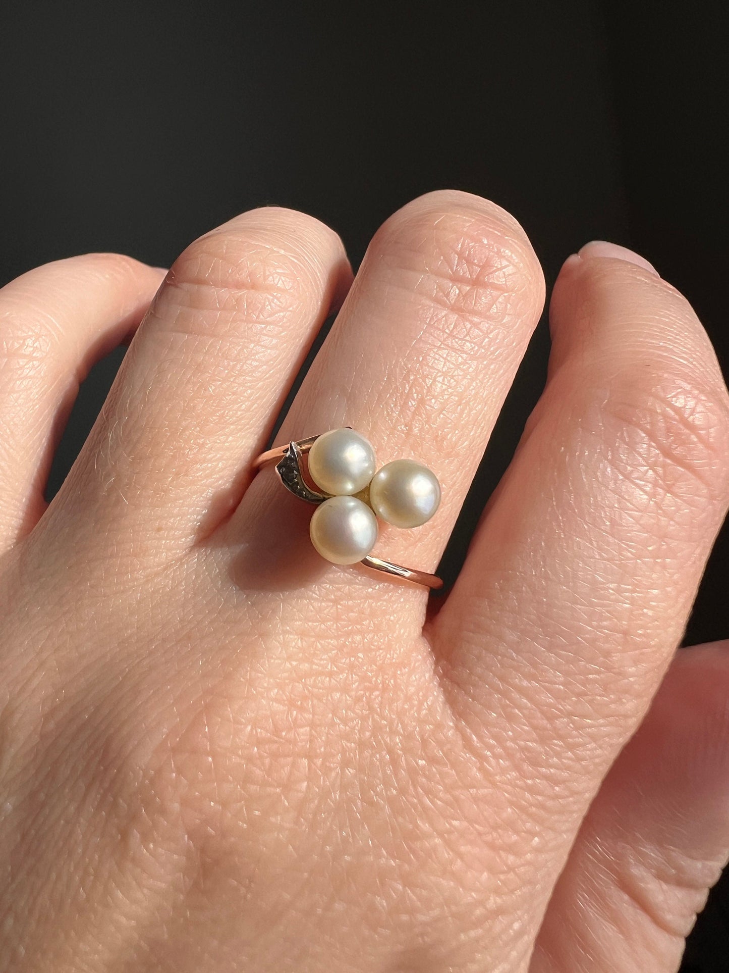 CLOVER French 18k Rose Gold Ring Three PEARL Rose Cut DIAMOND Victorian Figural Antique Good Luck Belle Epoque Lucky Gift Bypass Stacker