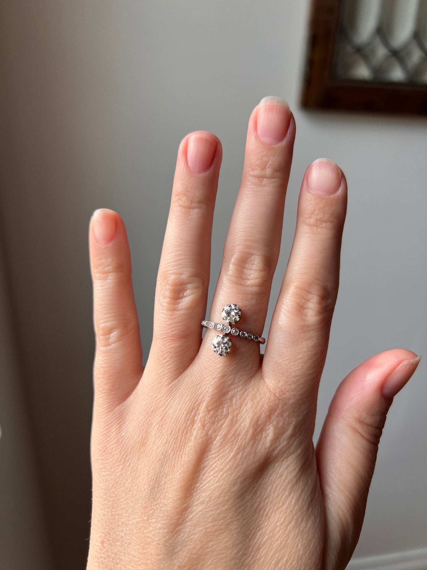 EDWARDIAN .9 Carat Old European Cut DIAMOND Ring PLATINUM French Antique Ornate Toi et Moi Linear Tiara Stacker Belle Epoque Love Gift OeC