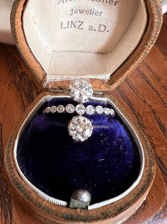 EDWARDIAN .9 Carat Old European Cut DIAMOND Ring PLATINUM French Antique Ornate Toi et Moi Linear Tiara Stacker Belle Epoque Love Gift OeC