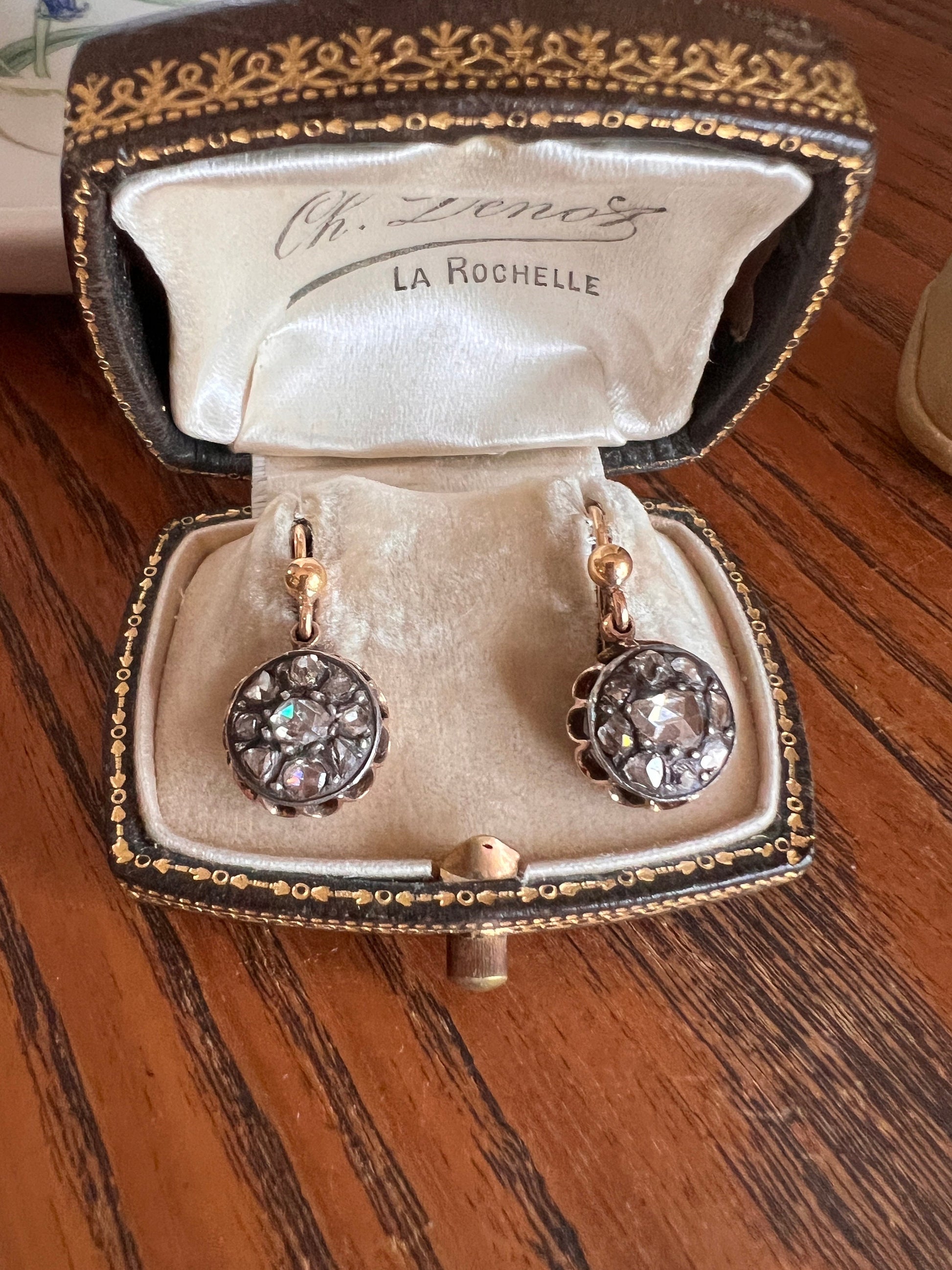 Antique 1.25 Carat Old Mine Triangular Rose Cut DIAMOND Cluster Dangle Drop EARRINGs French Dormeuse Bridal Gift Something Old Georgian OmC