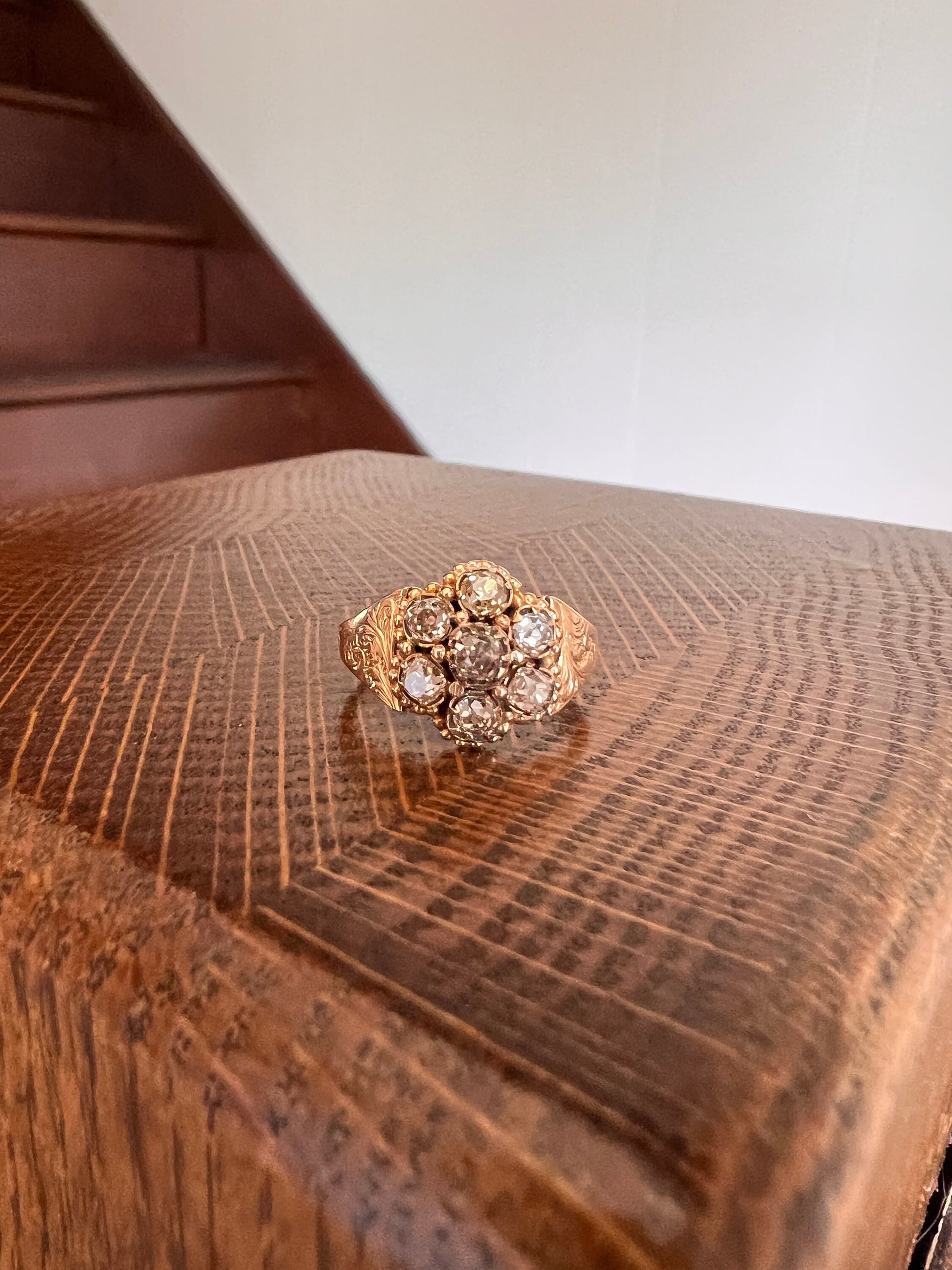 Chunky Antique .75 Carat CHAMPAGNE & YELLOW Old Mine Cut DIAMOND 14k Gold Daisy Cluster Ring Victorian Rivet Halo Gift Rare Light Brown OmC