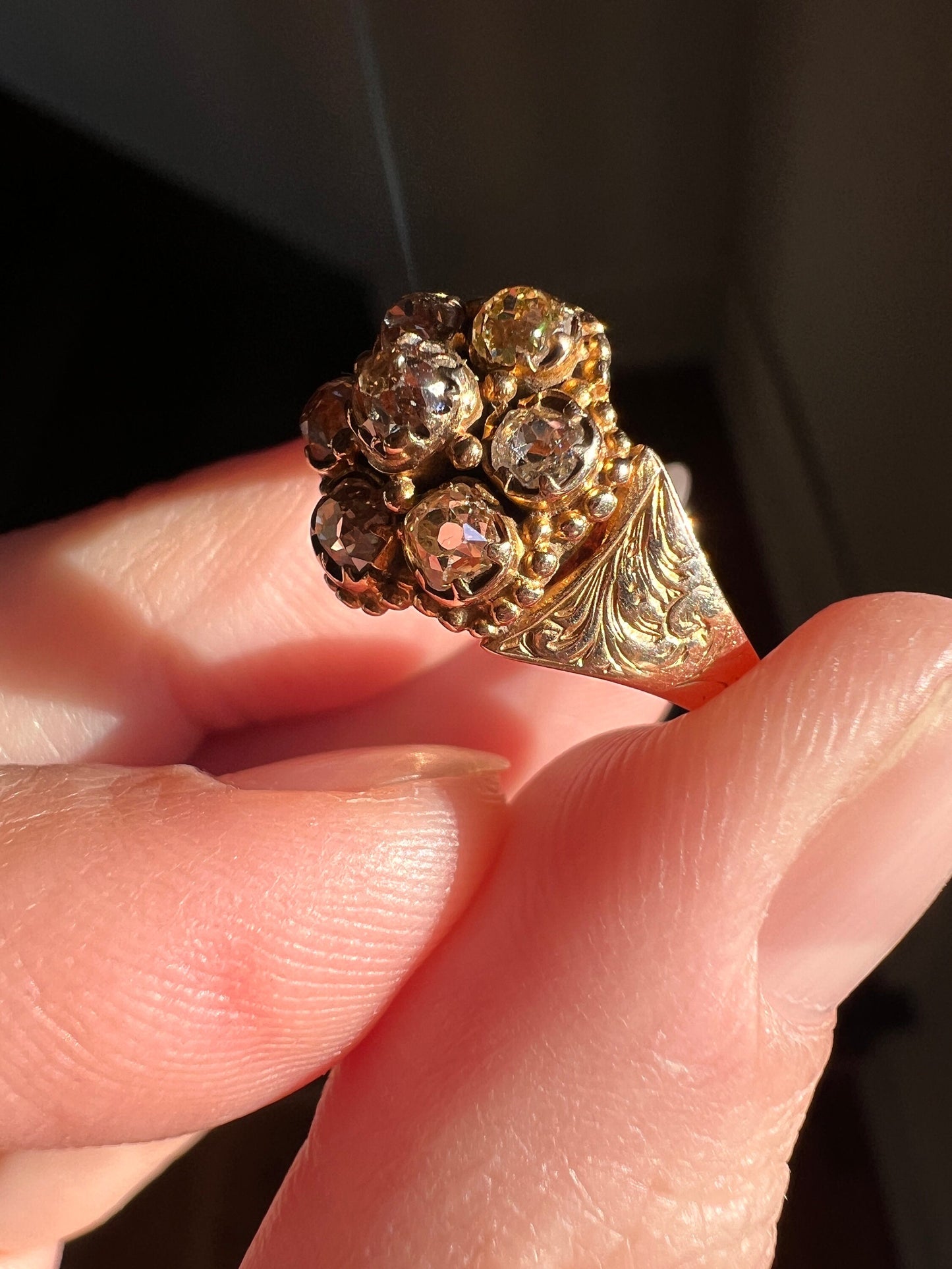 Chunky Antique .75 Carat CHAMPAGNE & YELLOW Old Mine Cut DIAMOND 14k Gold Daisy Cluster Ring Victorian Rivet Halo Gift Rare Light Brown OmC