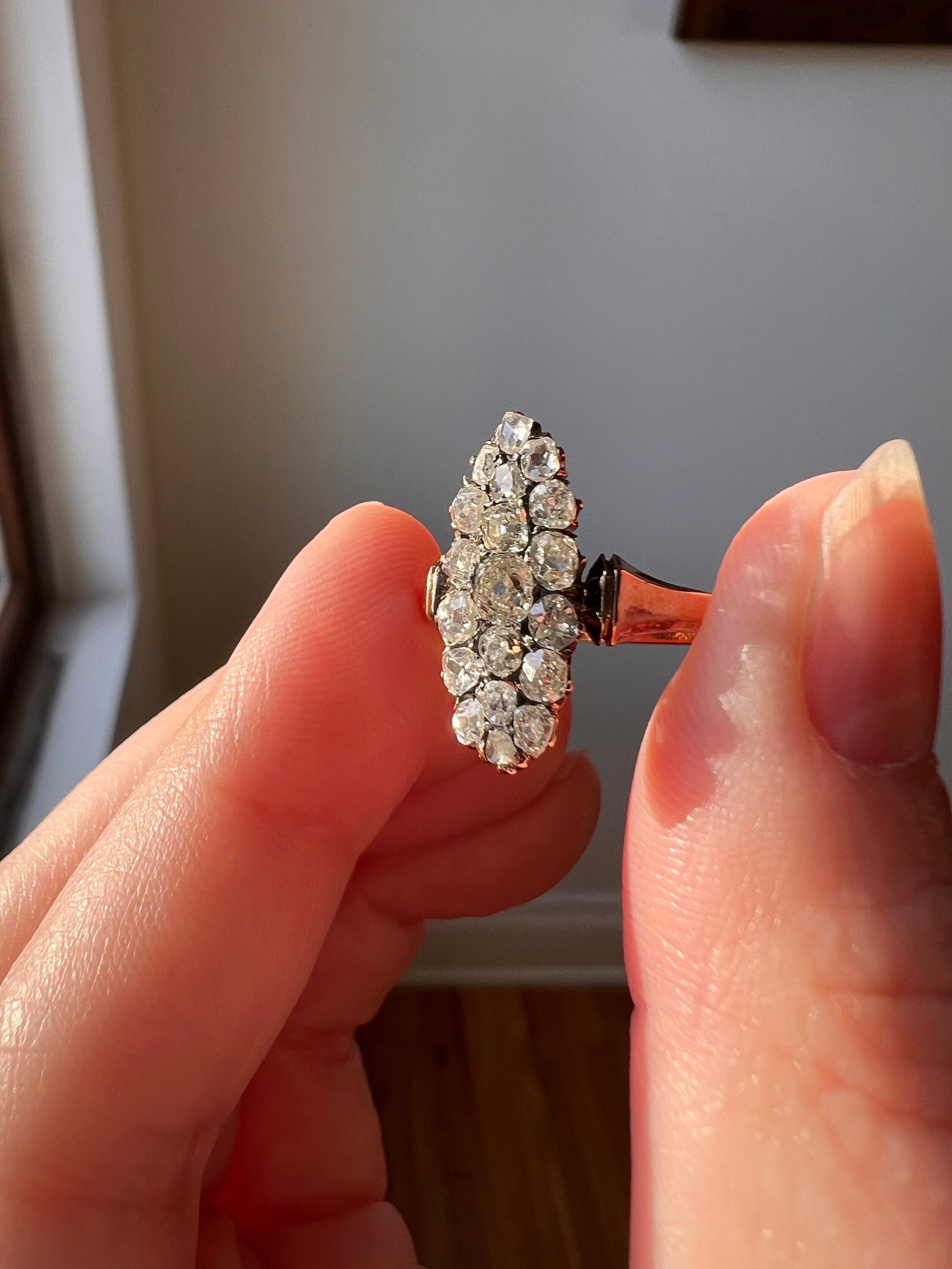 French ANTIQUE 1 Carat 19 Rose Old Mine Cut DIAMOND Pave Cluster Ring 18k Gold Belle Epoque Romantic Gift OmC Victorian Oval Navette