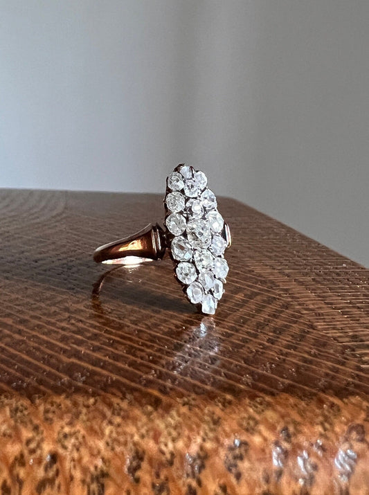 French ANTIQUE 1 Carat 19 Rose Old Mine Cut DIAMOND Pave Cluster Ring 18k Gold Belle Epoque Romantic Gift OmC Victorian Oval Navette