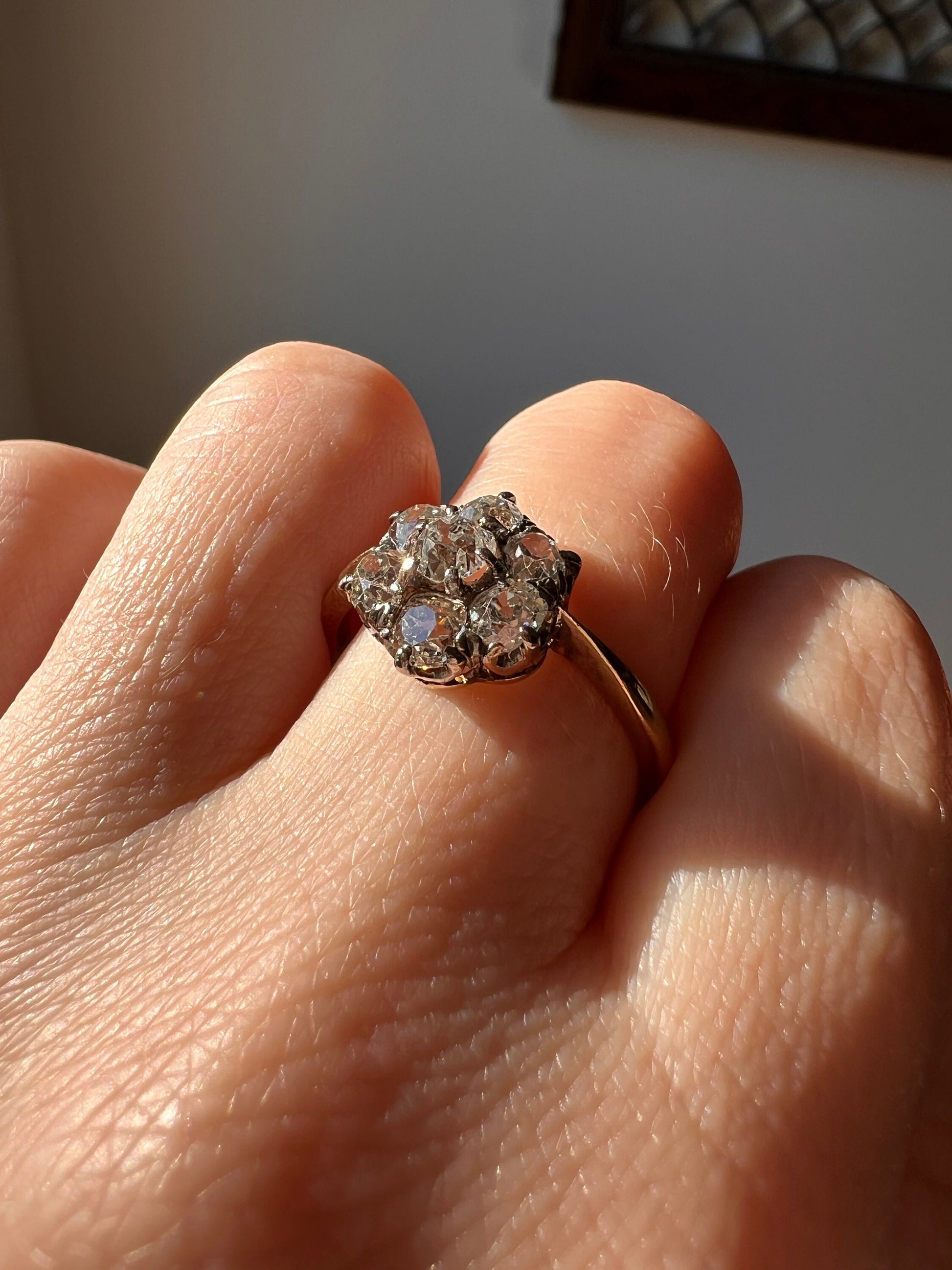 Old Mine Cut DIAMOND 1.5 Carat Daisy Cluster Ring 18k Gold Antique Seven Stone Chunky Stacker Unique Victorian Edwardian Gift OMC Daily Wear