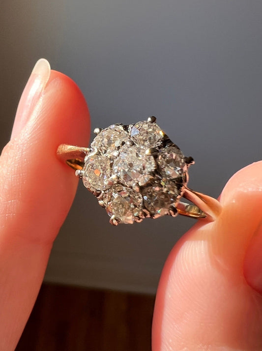 Old Mine Cut DIAMOND 1.5 Carat Daisy Cluster Ring 18k Gold Antique Seven Stone Chunky Stacker Unique Victorian Edwardian Gift OMC Daily Wear