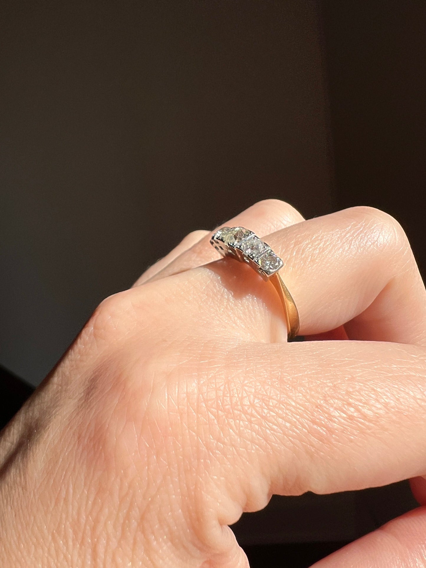 FIVE Stone 0.9 Carat Old Mine Cut DIAMOND Ring Antique 18k Gold Edwardian Victorian Stacker Band Transitional OmC Tall Linear Anniversary