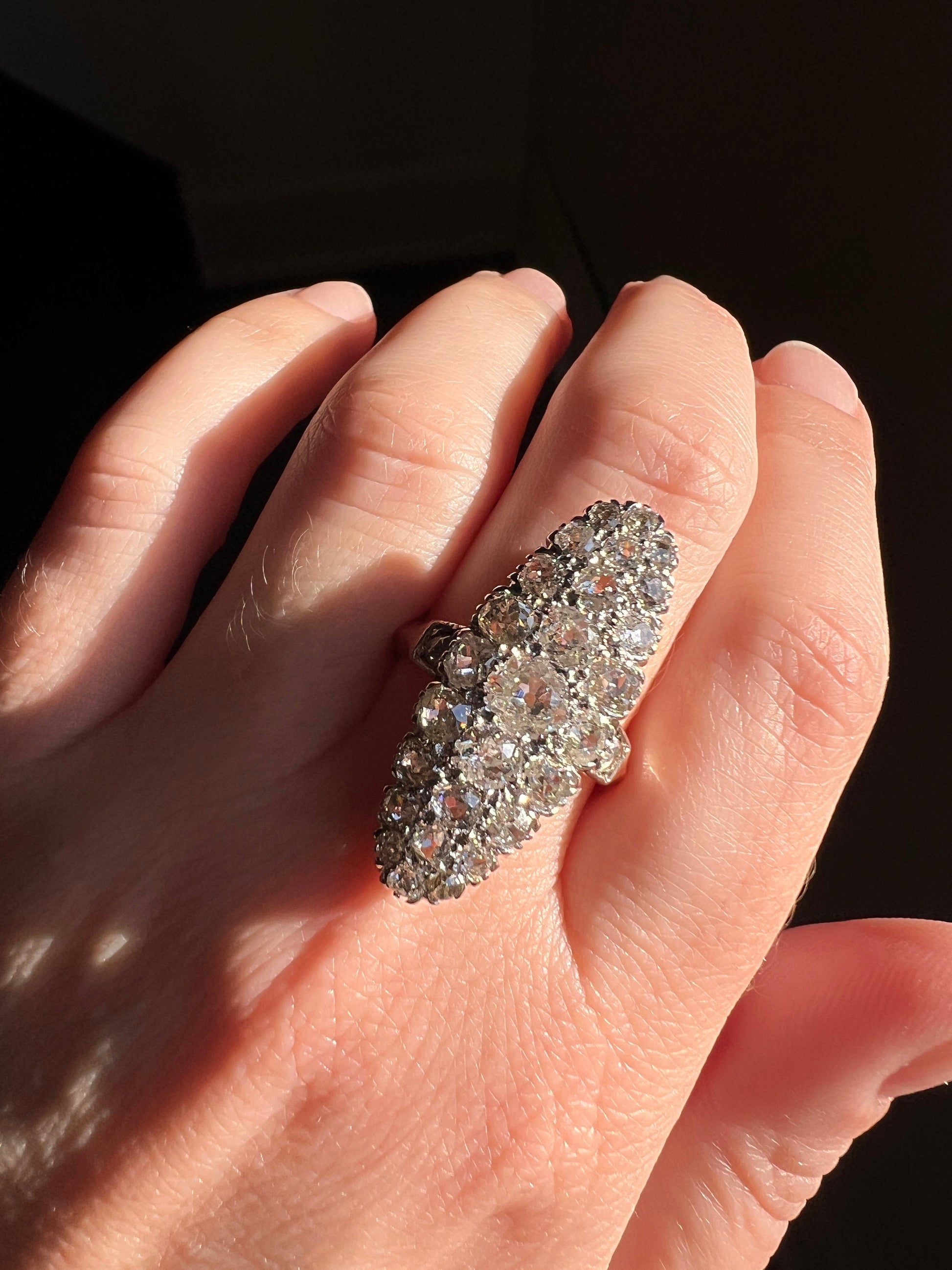 XL Oval French ANTIQUE Carat 29 Old Mine Cut DIAMOND Rose Cut Cluster Ring 18k Gold