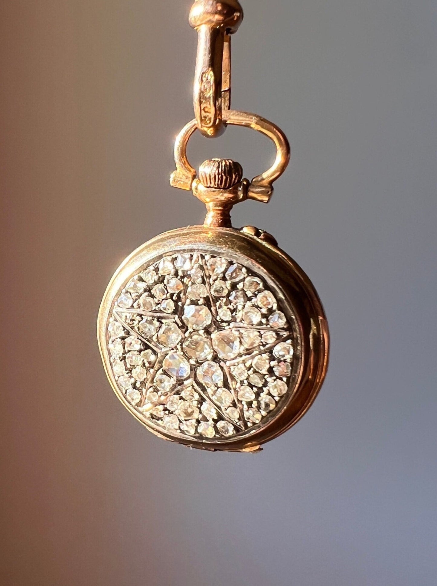 STAR DIAMOND Encrusted 1.7 Carats 61 Chunky Rose Cut Diamond French Antique 18k Gold Pocket Watch Case Pendant Rare Victorian Figural 1.7Ctw