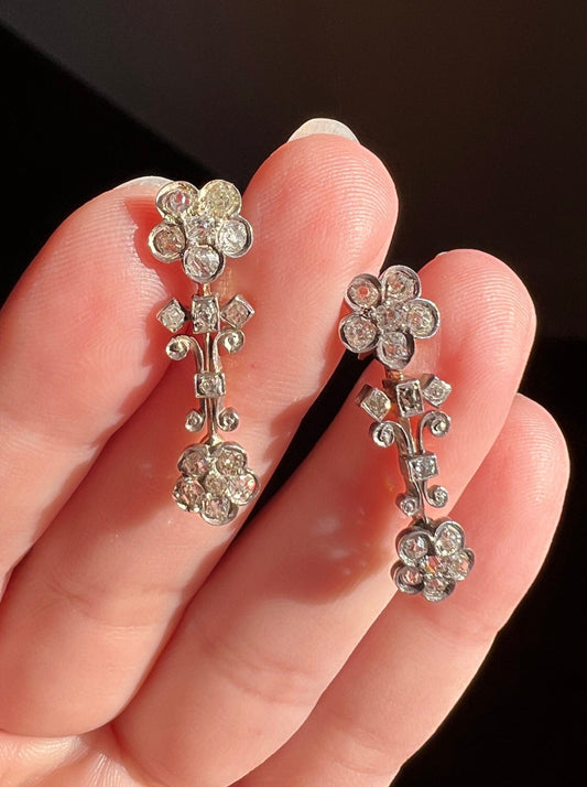FLORAL 1 Carat Daisy Cluster Old Mine Cut Diamond Earrings 18k Gold Silver Dangle Bridal Something Old Victorian Edwardian Figural Flowers