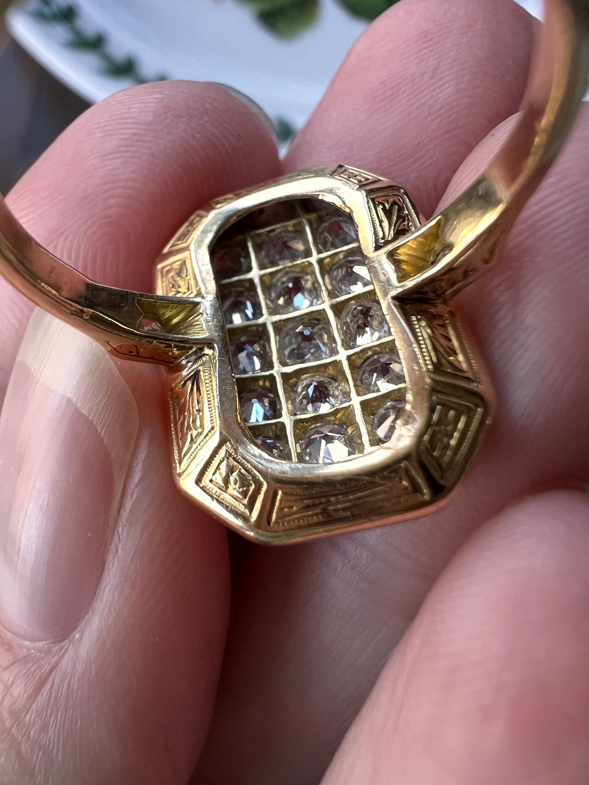 Antique 1.6 Carat 33 Old MINE Cut DIAMONDS GRID Ring Rectangle Geometric 18k Gold Romantic Gift Stacker Cobblestone Art Deco Panel Lozenge