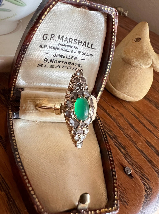 Glowing Green CHRYSOPRASE Rose Cut DIAMOND Navette Ring French Antique 14k Gold Cobblestone Victorian Panel Marquise Lozenge Romantic Gift