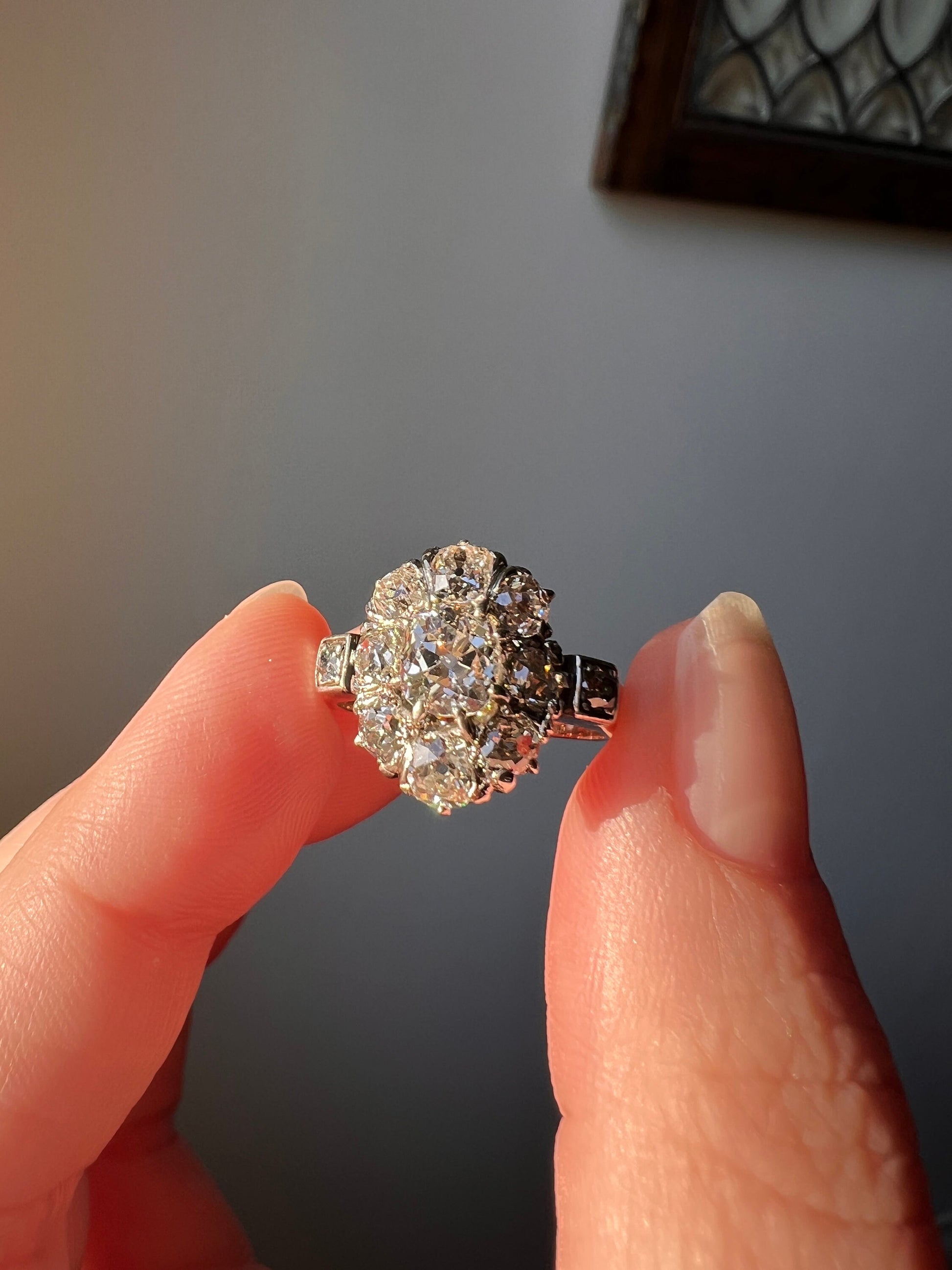 Exceptional ANTIQUE 2 Carat Old Mine Cut DIAMOND Daisy Cluster Ring 18k Rose Gold Platinum Belle Epoque Romantic Gift OmC Victorian Oval Omc