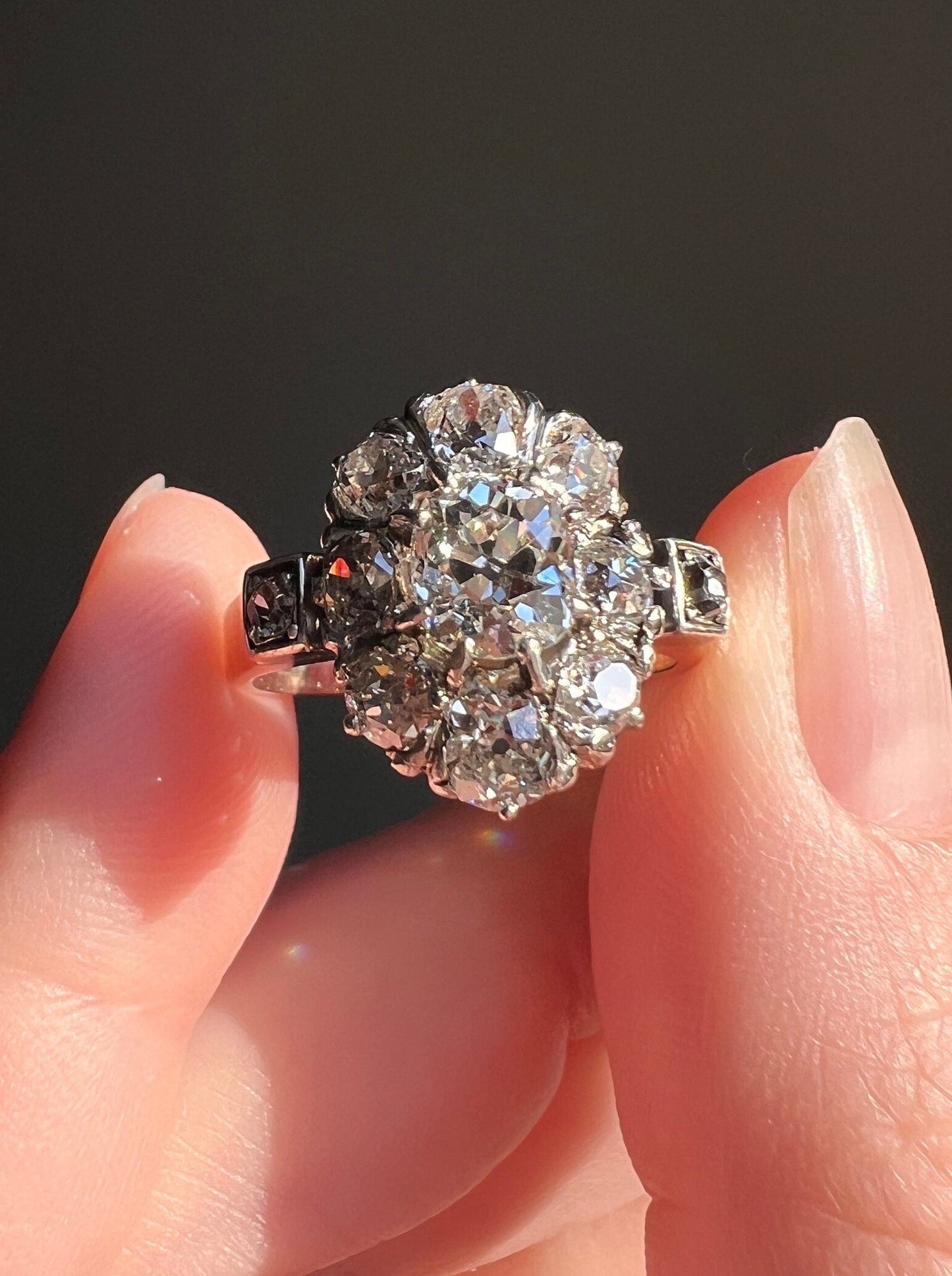 Exceptional ANTIQUE 2 Carat Old Mine Cut DIAMOND Daisy Cluster Ring 18k Rose Gold Platinum Belle Epoque Romantic Gift OmC Victorian Oval Omc