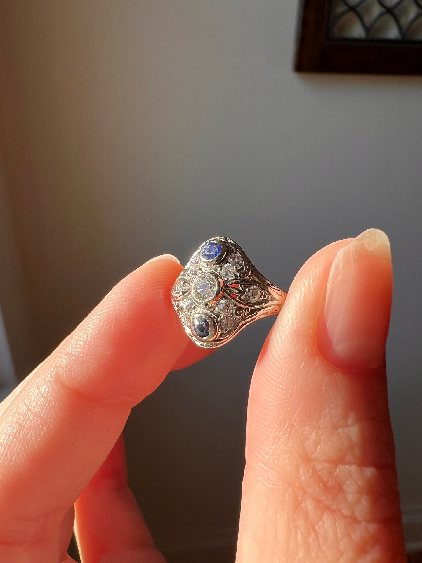 FILIGREE Antique Blue SAPPHIRE Old Mine Cut DIAMOND Domed Shield Ring Art Deco 14k Gold Ornate Intricate Romantic Gift