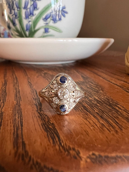 FILIGREE Antique Blue SAPPHIRE Old Mine Cut DIAMOND Domed Shield Ring Art Deco 14k Gold Ornate Intricate Romantic Gift