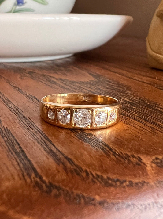 FIVE Stone Old Mine Cut DIAMOND Gypsy Band 18k Gold Antique Ring 0.6 Carat Antique Edwardian Victorian Stacker OmC Square Geometric Linear