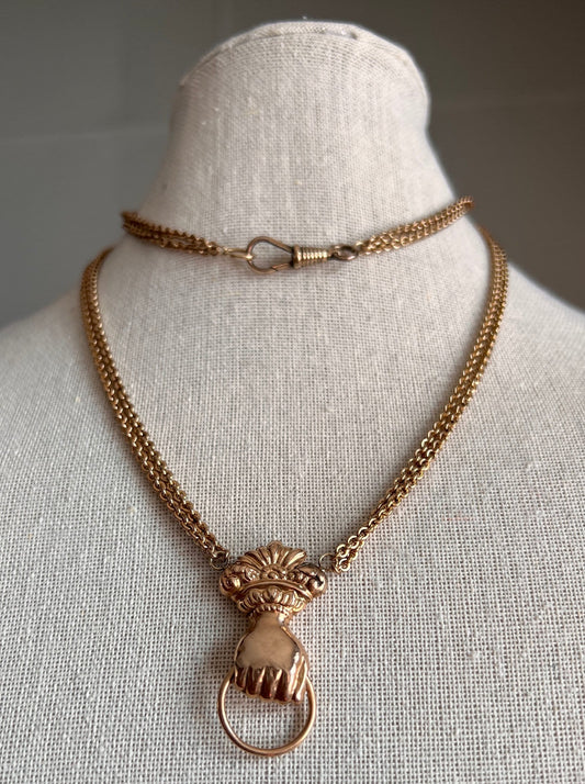 XL FIST French Antique VICTORIAN Necklace Double Chain with Swivel Loop Pendant Holder 25g 9k 14k Gold Figural Hand Figa Neckmess Neckstack
