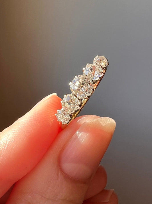 DATED 1922 Antique .9 Carat Old Mine Cut DIAMOND 18k Gold Antique Ring Five Stone Art Deco Stacker Band Romantic Gift 0.9Ctw OmC Anniversary