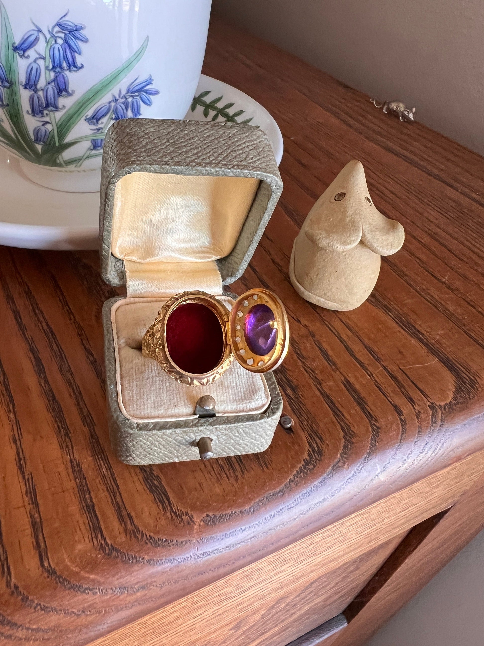 Heavy Vintage to Antique LOCKET Poison Ring Glowing Amethyst Top OPENS 18k Gold Purple Floral Rose Cut DIAMOND Halo Forget Me Not Sweet Gift