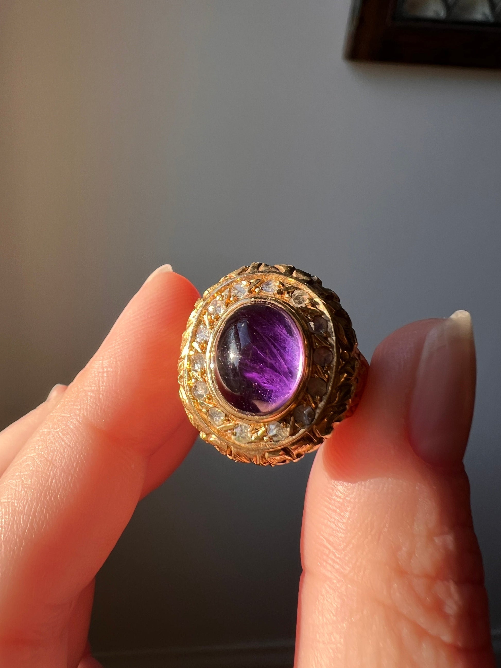 Heavy Vintage to Antique LOCKET Poison Ring Glowing Amethyst Top OPENS 18k Gold Purple Floral Rose Cut DIAMOND Halo Forget Me Not Sweet Gift