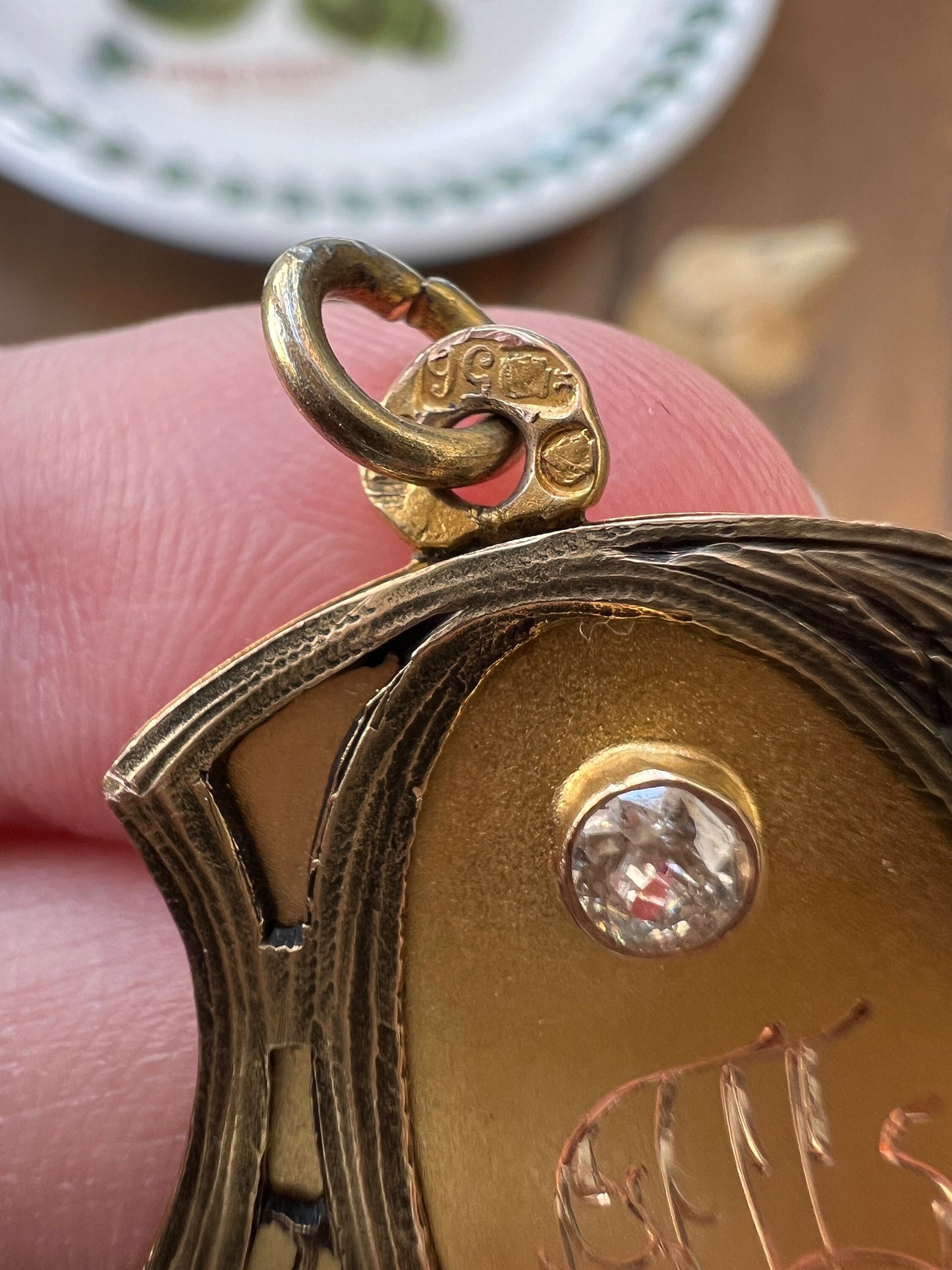 SPIDERWEB Shield Art Nouveau Antique 14k Gold Old Mine Cut Diamond Engraved Figural Pendant Victorian Unique Gift Bird Animal A+ Texture