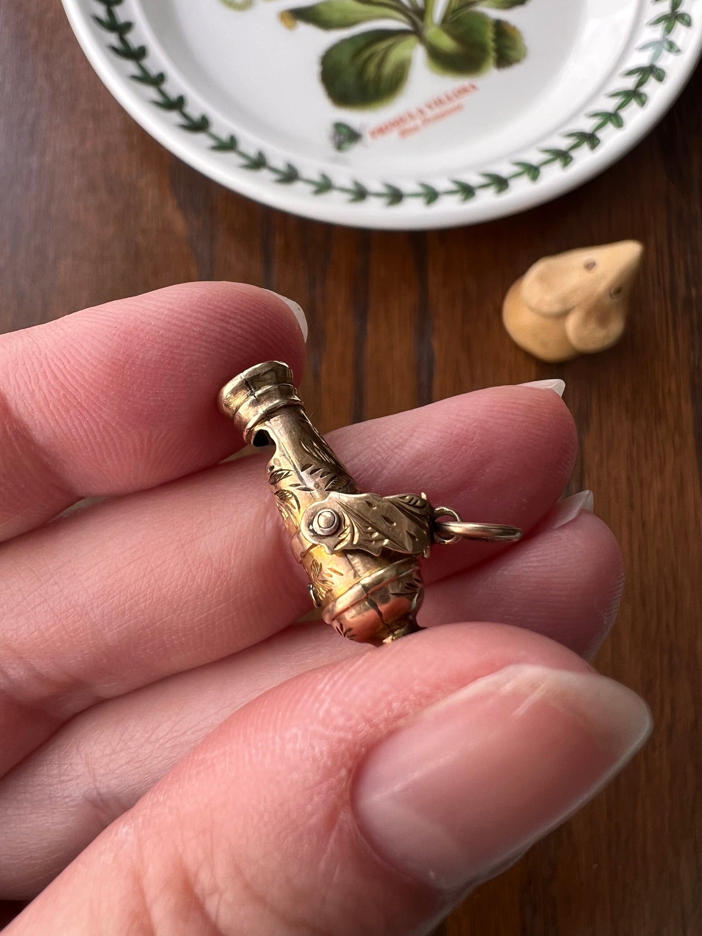 WHISTLE Victorian ANTIQUE Cannon 10k GOLD Figural Pendant Neckmess Neckstack Lifelike Engraved Unique Unisex Gift Charm 3D Reversible Swivel