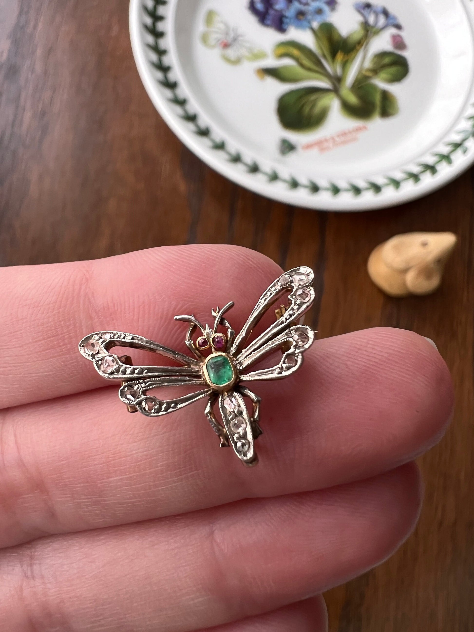 Dragonfly BUG Fly Bee French Antique Victorian Figural Pendant Emerald Rose Cut DIAMOND Ruby 18k Gold Silver Figural Wings Unique Gift Green