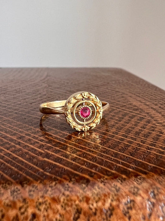 Art NOUVEAU French FLORAL Antique GARLAND 18k Gold Ring Red Pink Paste Laurel Leaf Halo Romantic Gift Belle Epoque Figural Forget Me Not