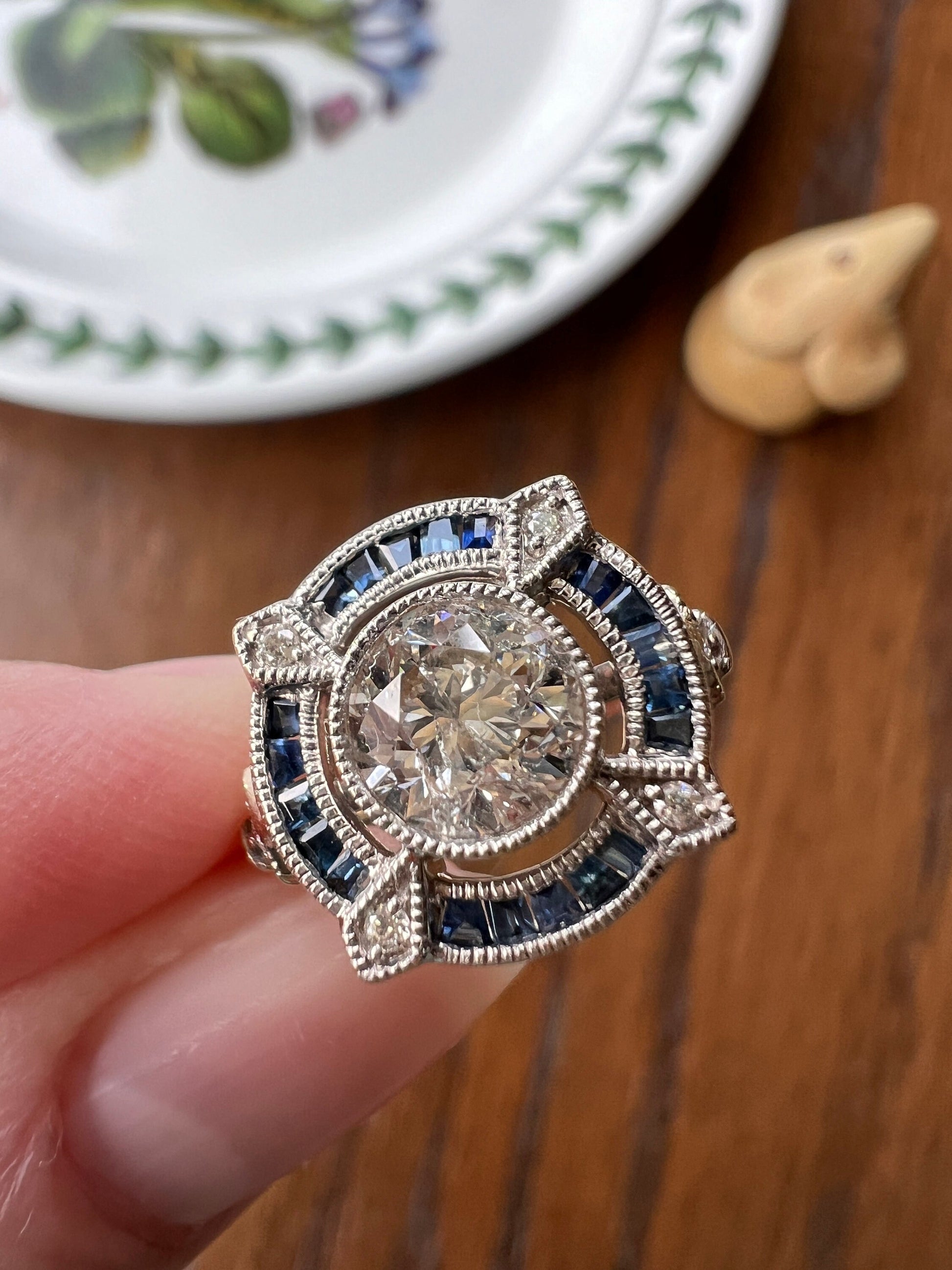 1.2 Carat Transitional Cut DIAMOND Natural Carre Cut SAPPHIRE HALO Ring Vintage Art Deco 18k White Gold Geometric Circular Stacker Blue