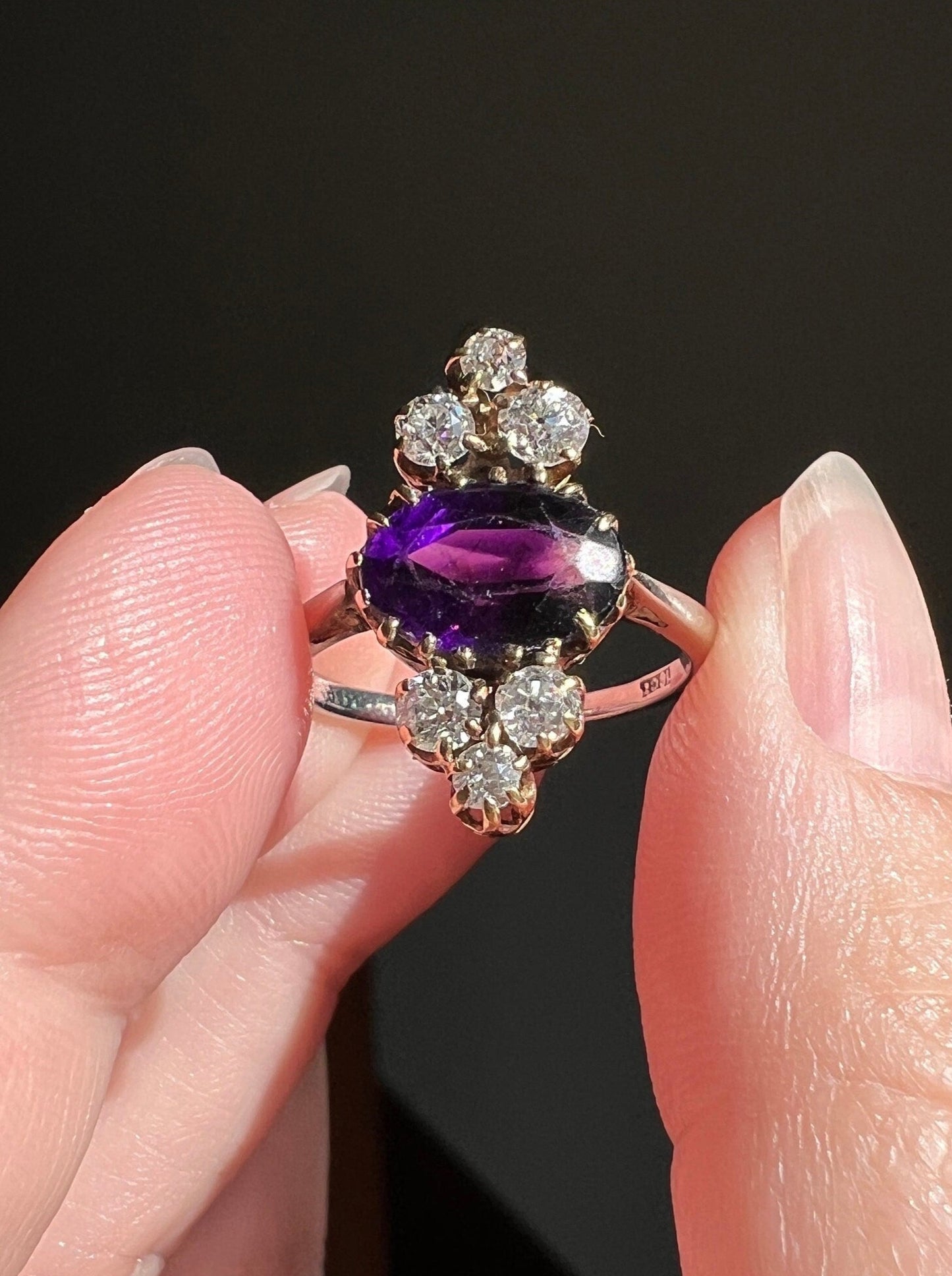 AMETHYST .5 Carat Old Mine Cut DIAMOND Seven Stone Tiara Ring 18k Yellow & White Gold Crowned Purple Oval Romantic Gift Victorian OmC Ornate