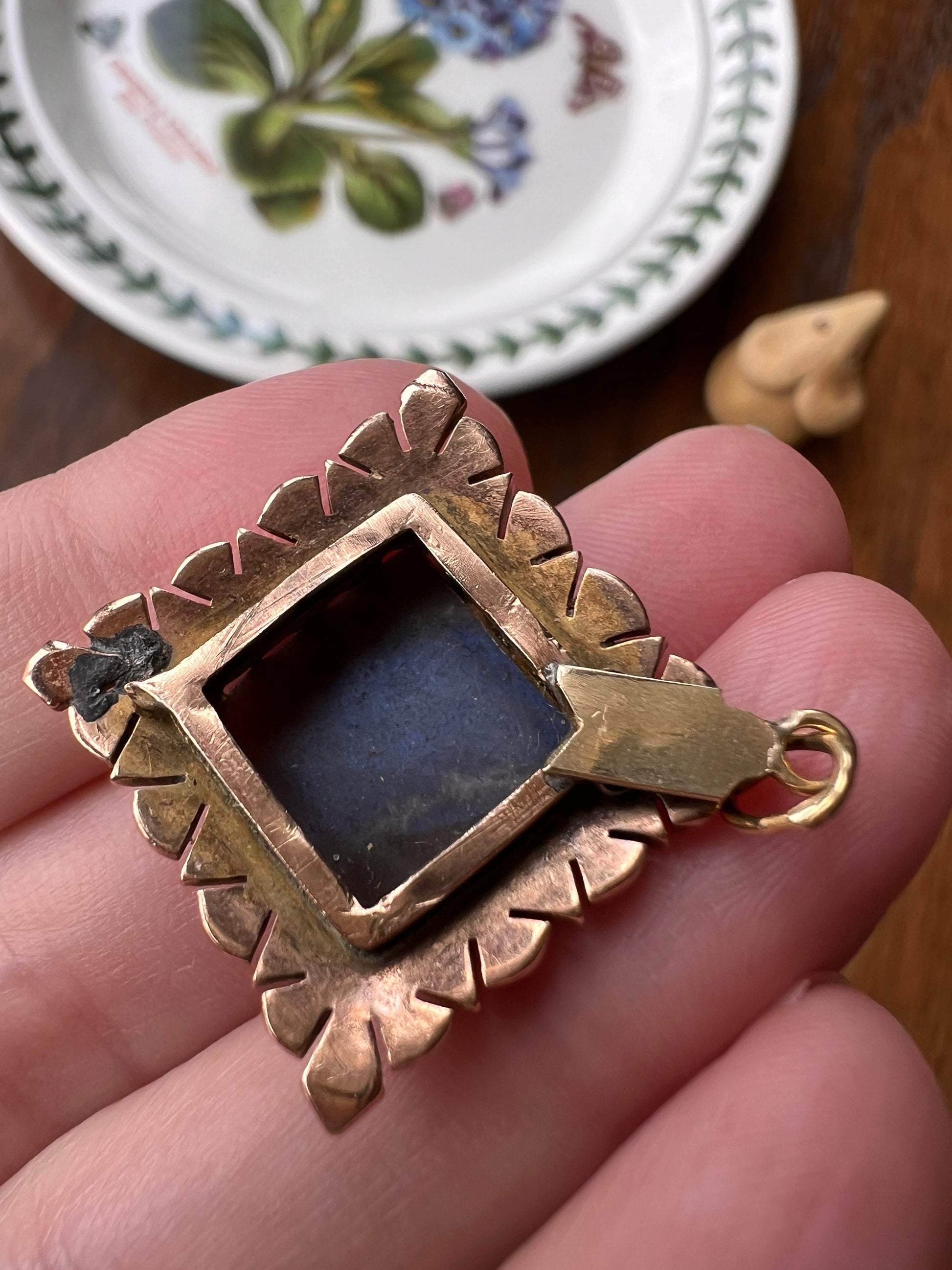 My Favorite LABRADORITE Antique Glowing Blue Pendant Square Diamond Shape Set with Pearls 10k Gold Solid Triangular Pie Starburst Bezels