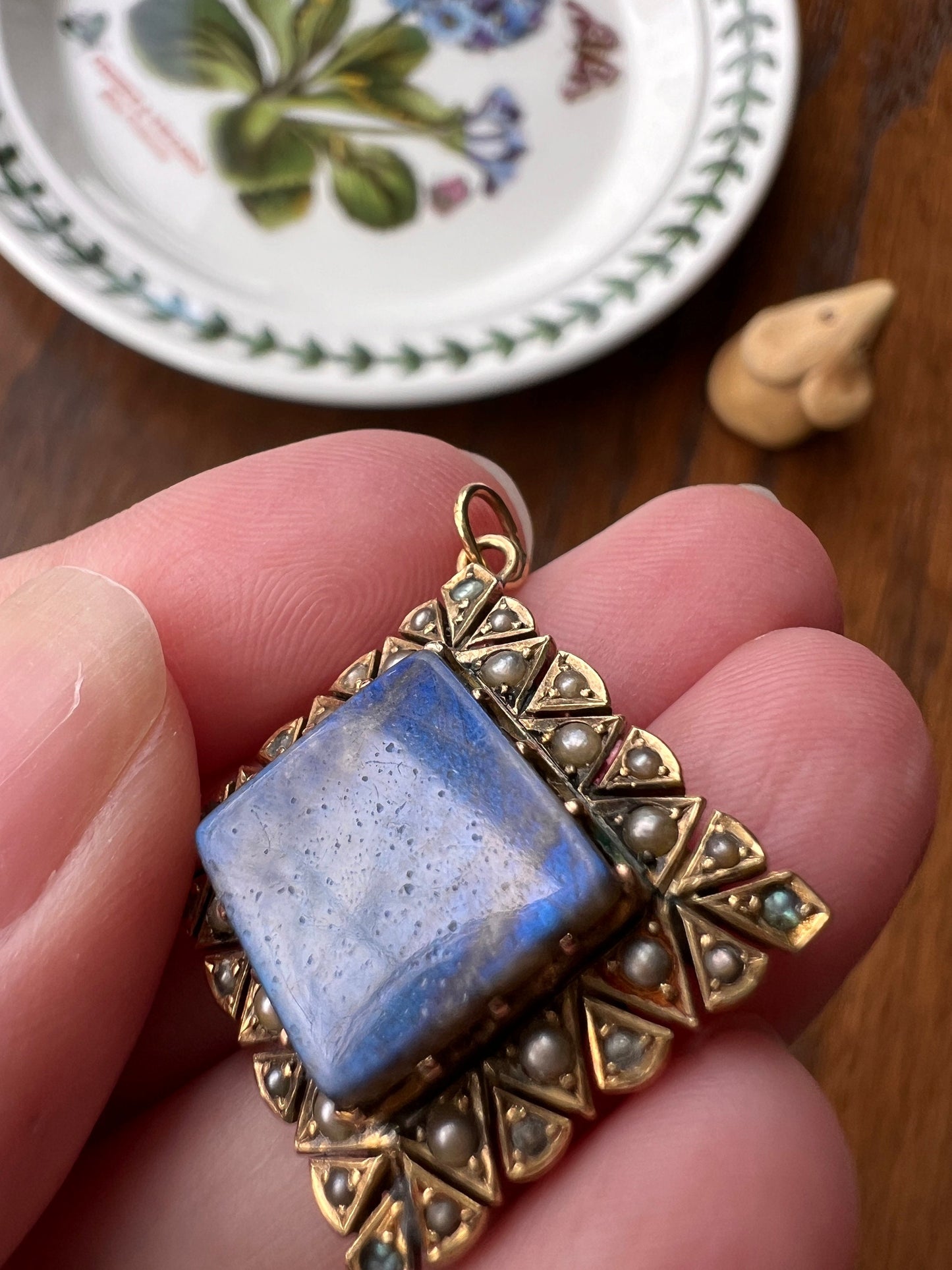 My Favorite LABRADORITE Antique Glowing Blue Pendant Square Diamond Shape Set with Pearls 10k Gold Solid Triangular Pie Starburst Bezels