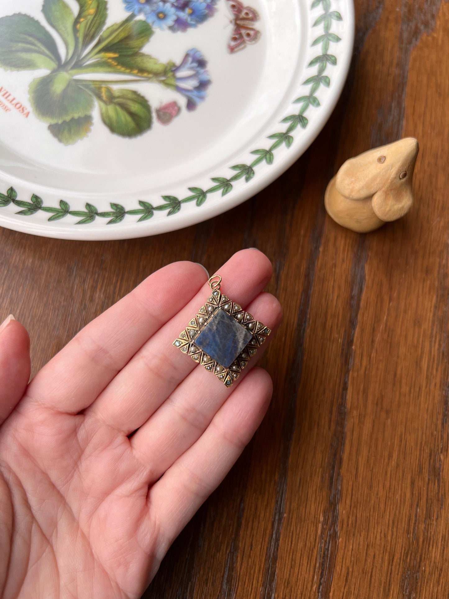 My Favorite LABRADORITE Antique Glowing Blue Pendant Square Diamond Shape Set with Pearls 10k Gold Solid Triangular Pie Starburst Bezels