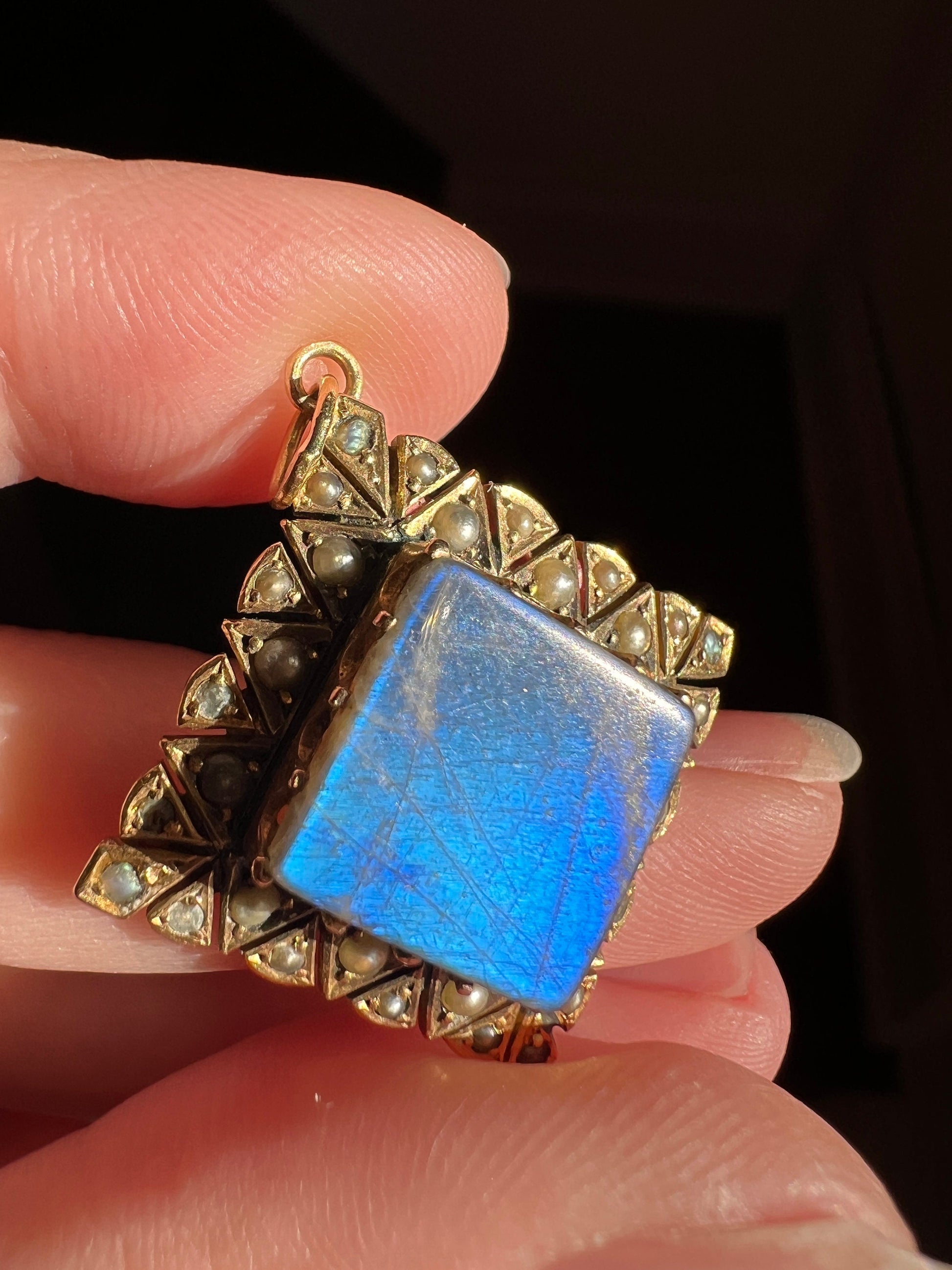 My Favorite LABRADORITE Antique Glowing Blue Pendant Square Diamond Shape Set with Pearls 10k Gold Solid Triangular Pie Starburst Bezels